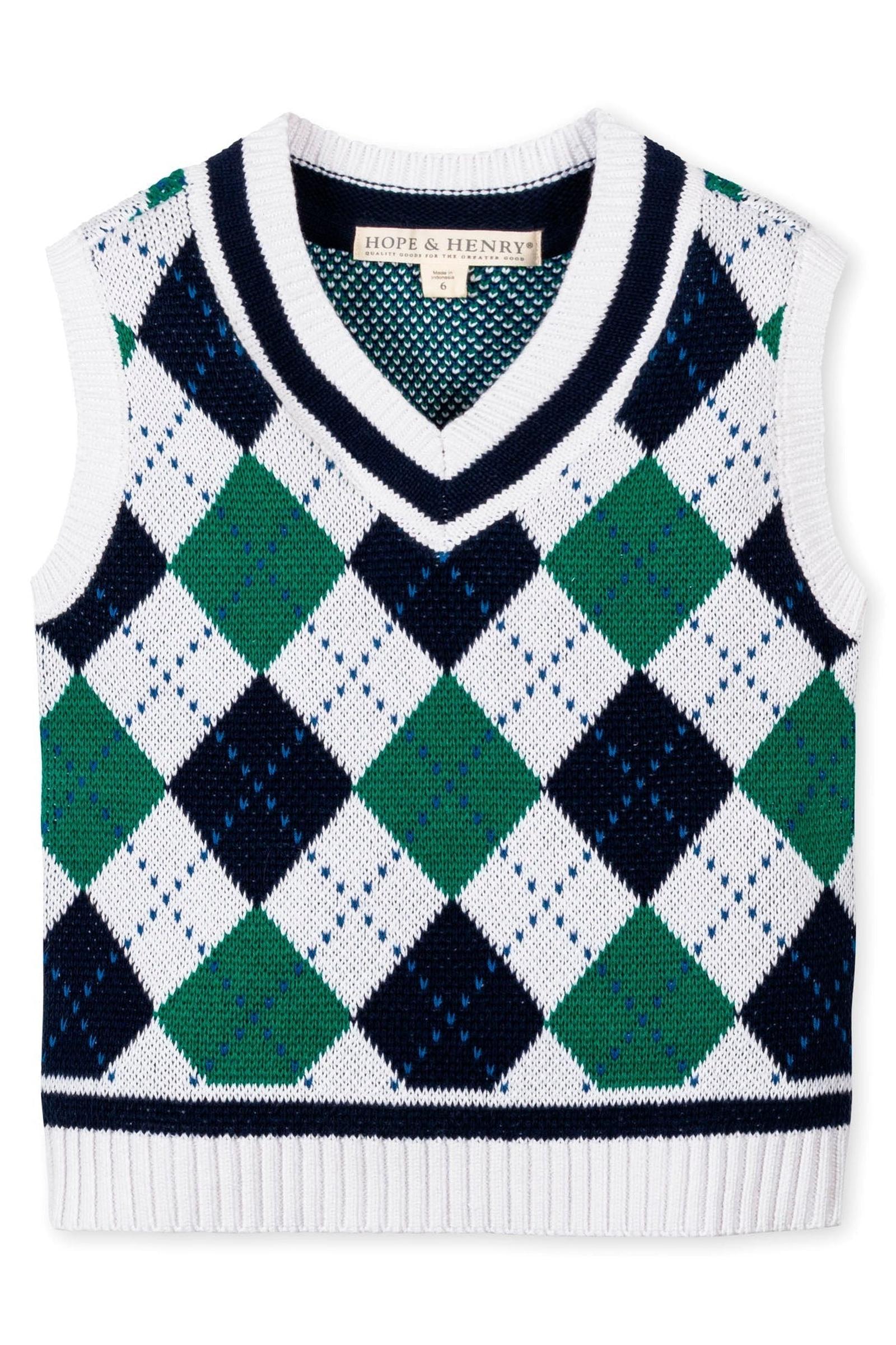 Organic Cotton Argyle Sweater Vest for Boys, White & Green, Size 2T-18