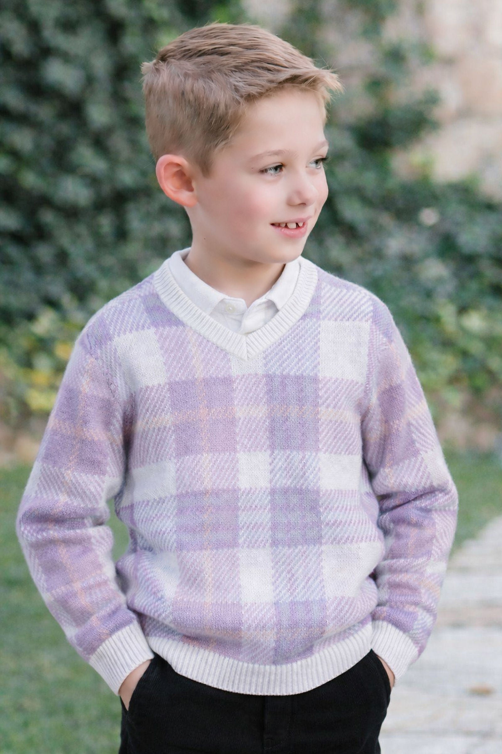 Organic Cotton V-Neck Intarsia Sweater for Boys, Monet Plaid, Sizes 2T-18