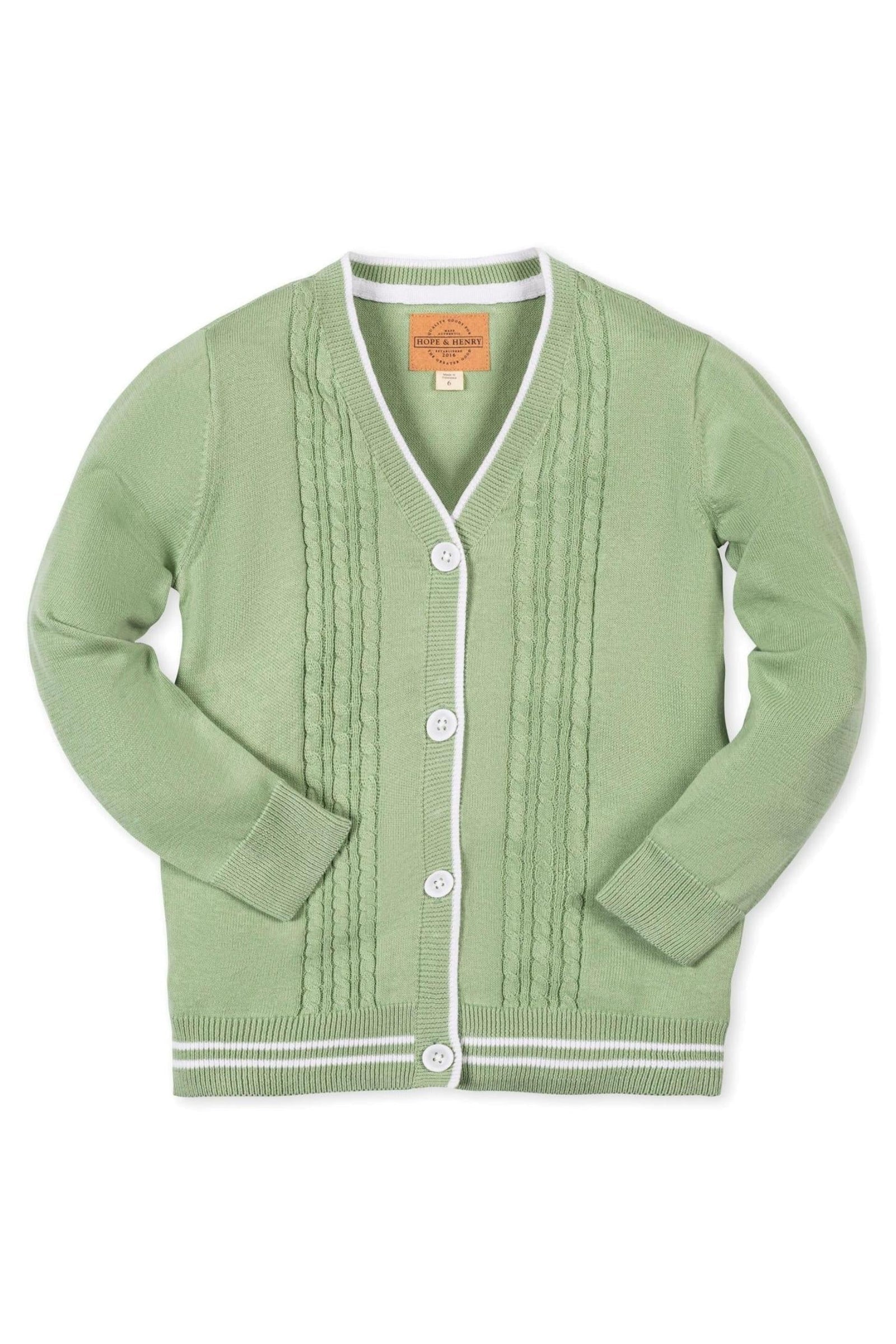 Organic Cotton Cable Cardigan for Boys, Soft Green, Sizes 2T-18