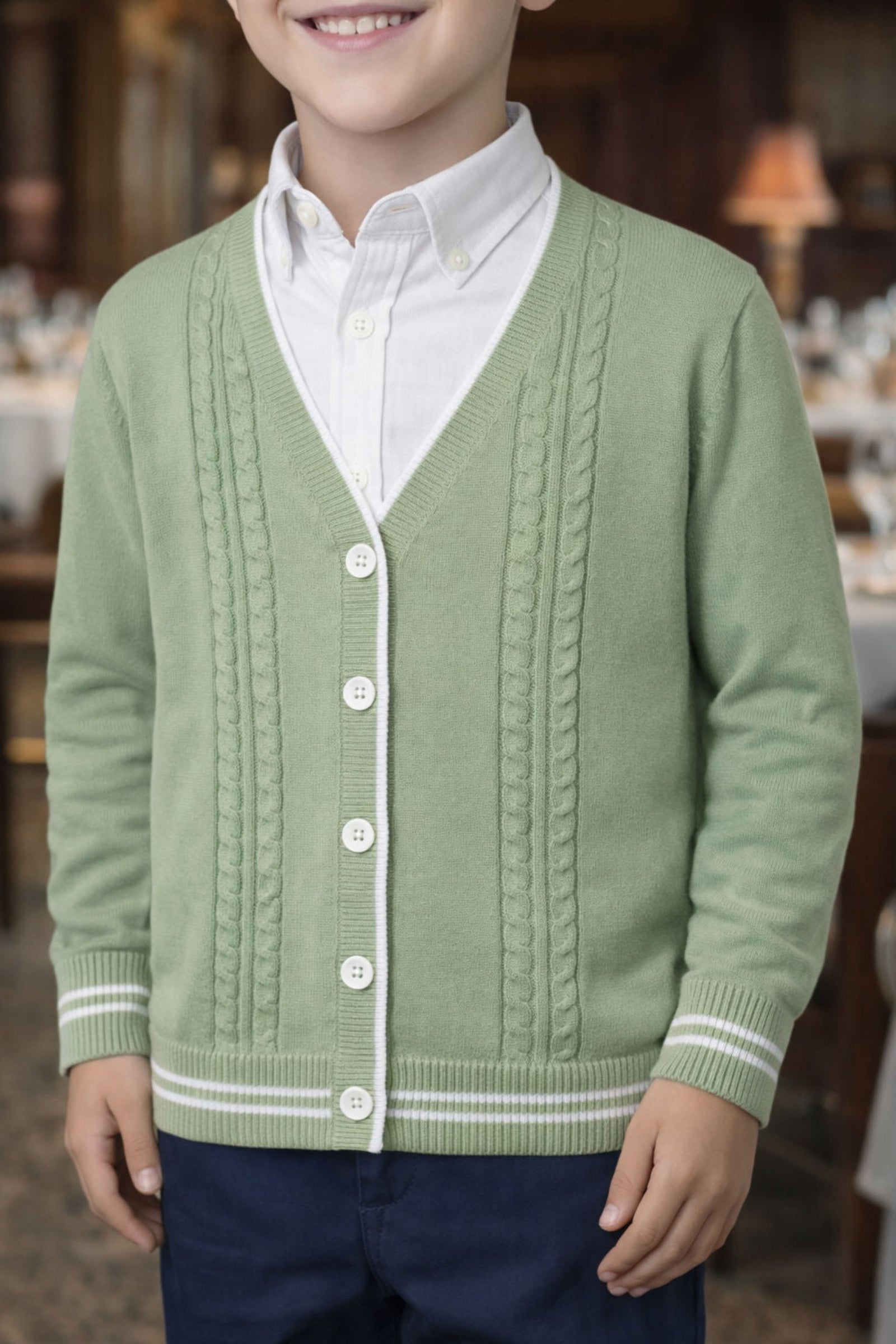 Organic Cotton Cable Cardigan for Boys, Soft Green, Sizes 2T-18