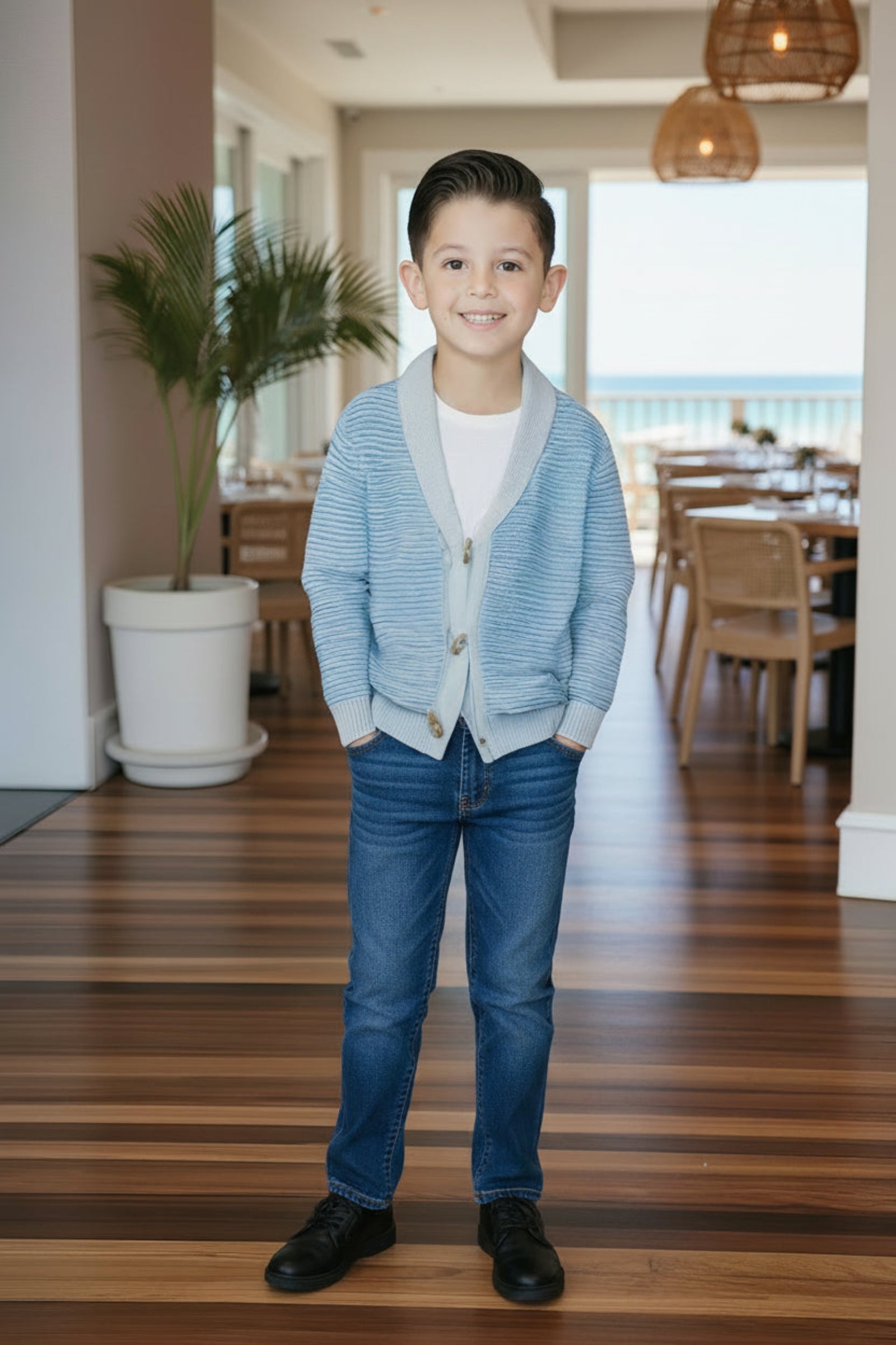 Organic Cotton Shawl Collar Cardigan for Boys, Bluebell, Sizes 2T-18