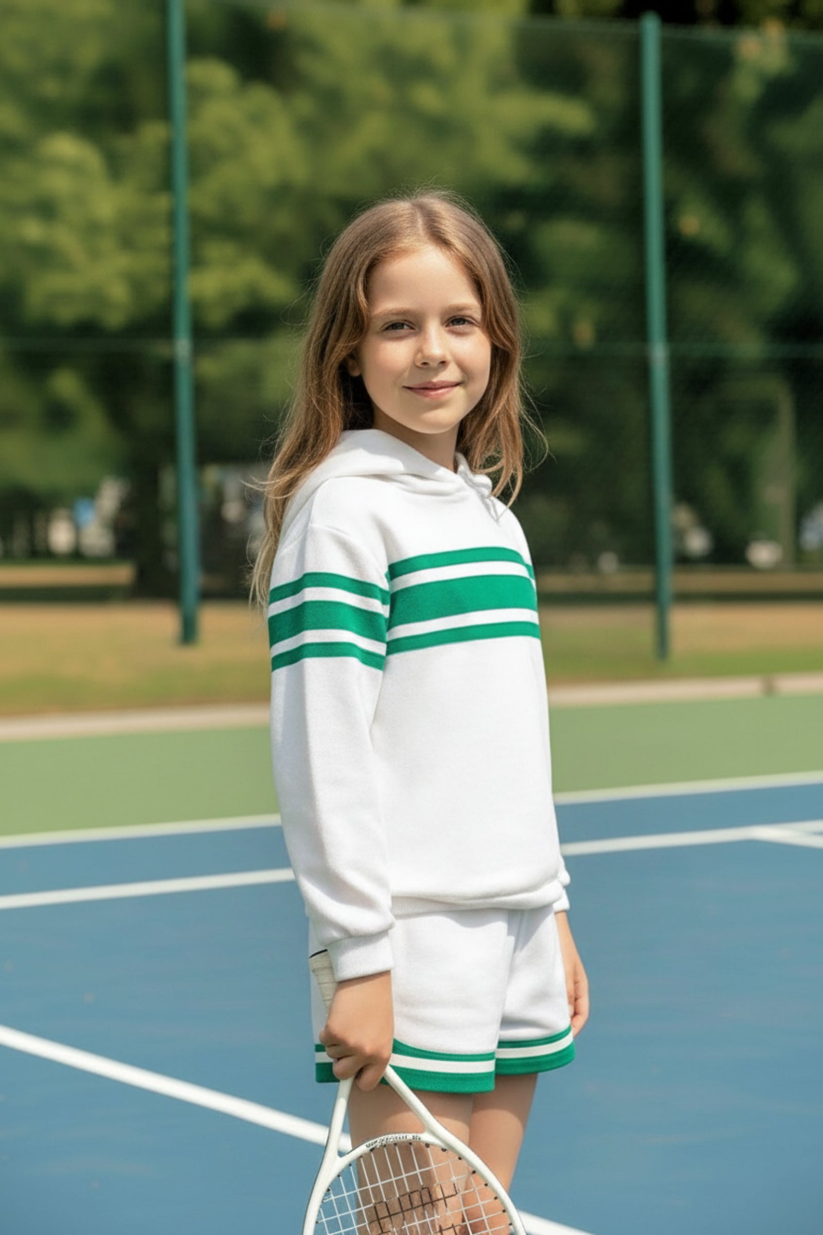 Organic Cotton French Terry Hoodie for Girls, White & Green, Toddler & Kids