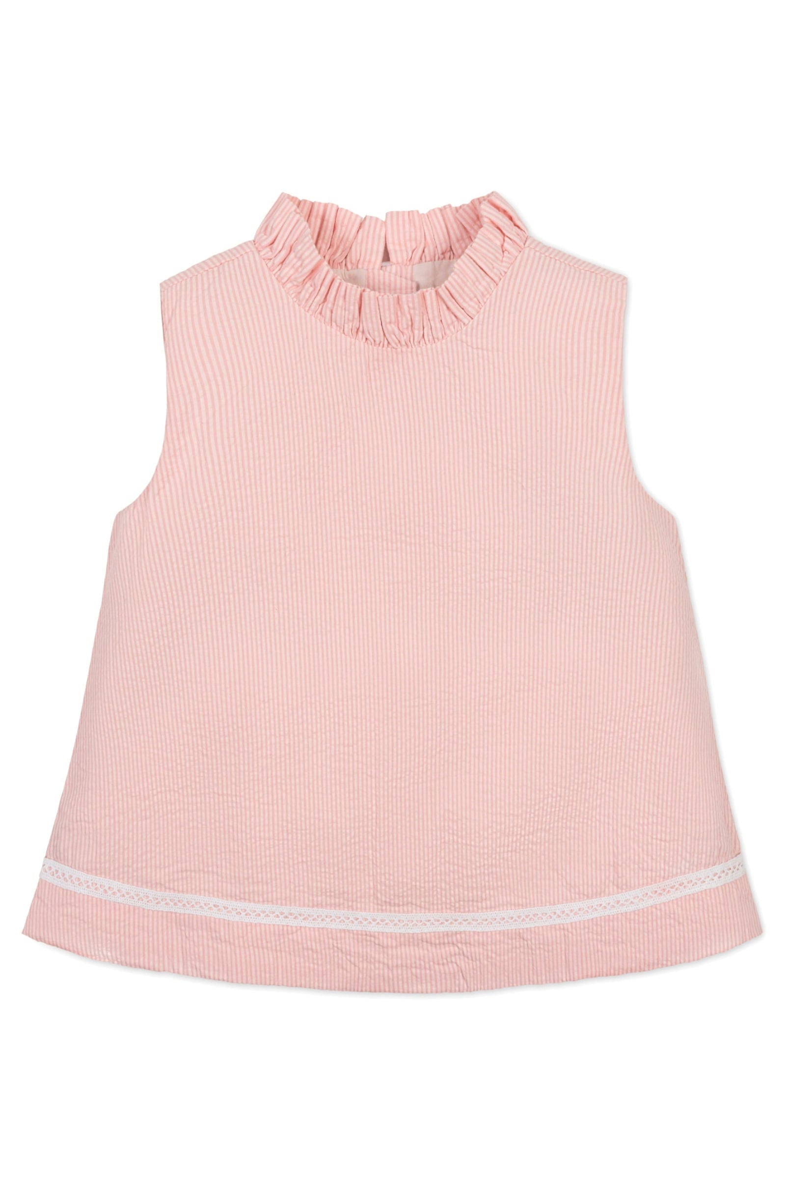 Organic Cotton Ruffle Neck Seersucker Top for Girls, Rose, Sizes 2T-12