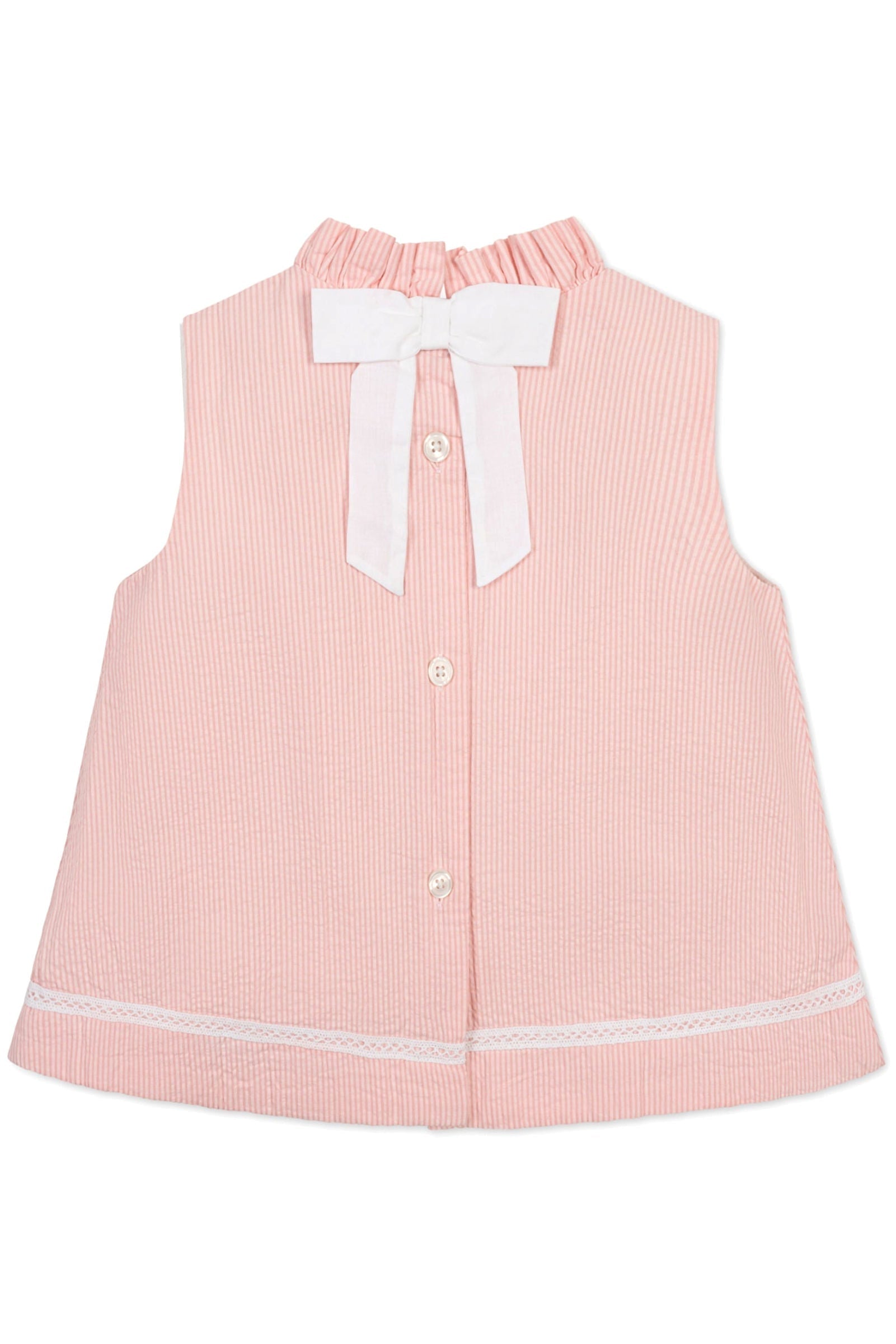 Organic Cotton Ruffle Neck Seersucker Top for Girls, Rose, Sizes 2T-12