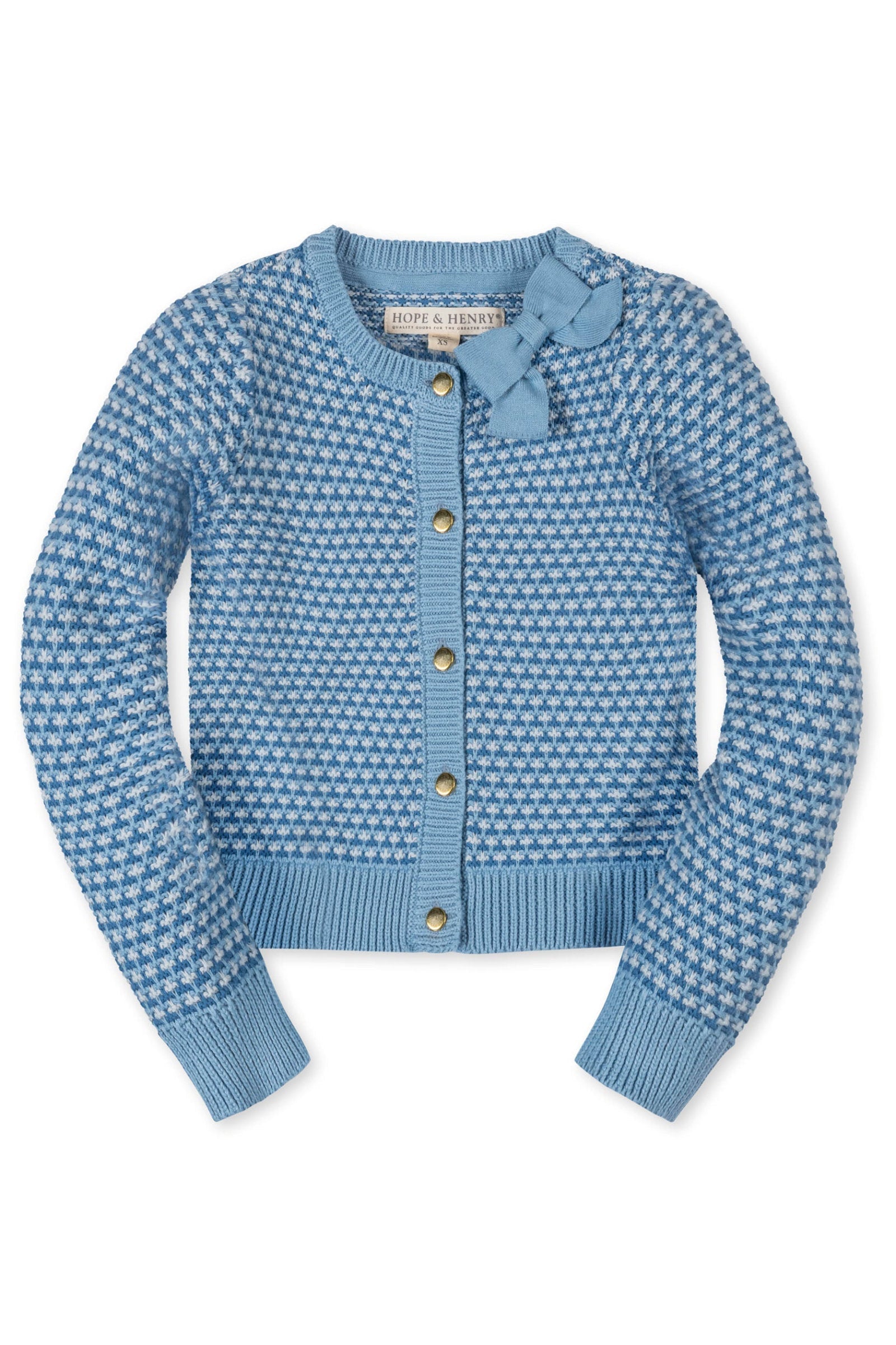 Organic Cotton Tweed Stitch Bow Cardigan, Bluebell Tweed, Toddler & Kids