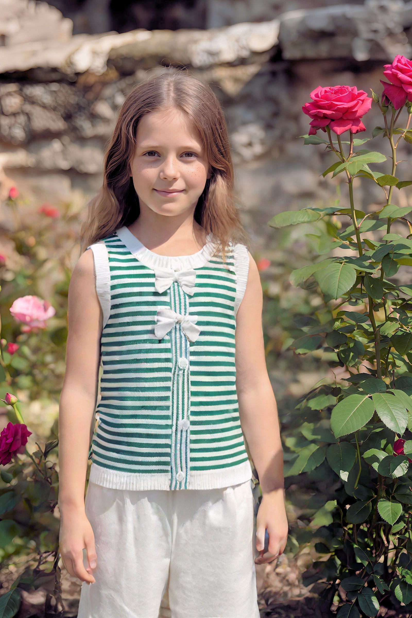 Organic Cotton Button Front Sweater Tank Top with Bows, Green Stripes, Toddler & Kids