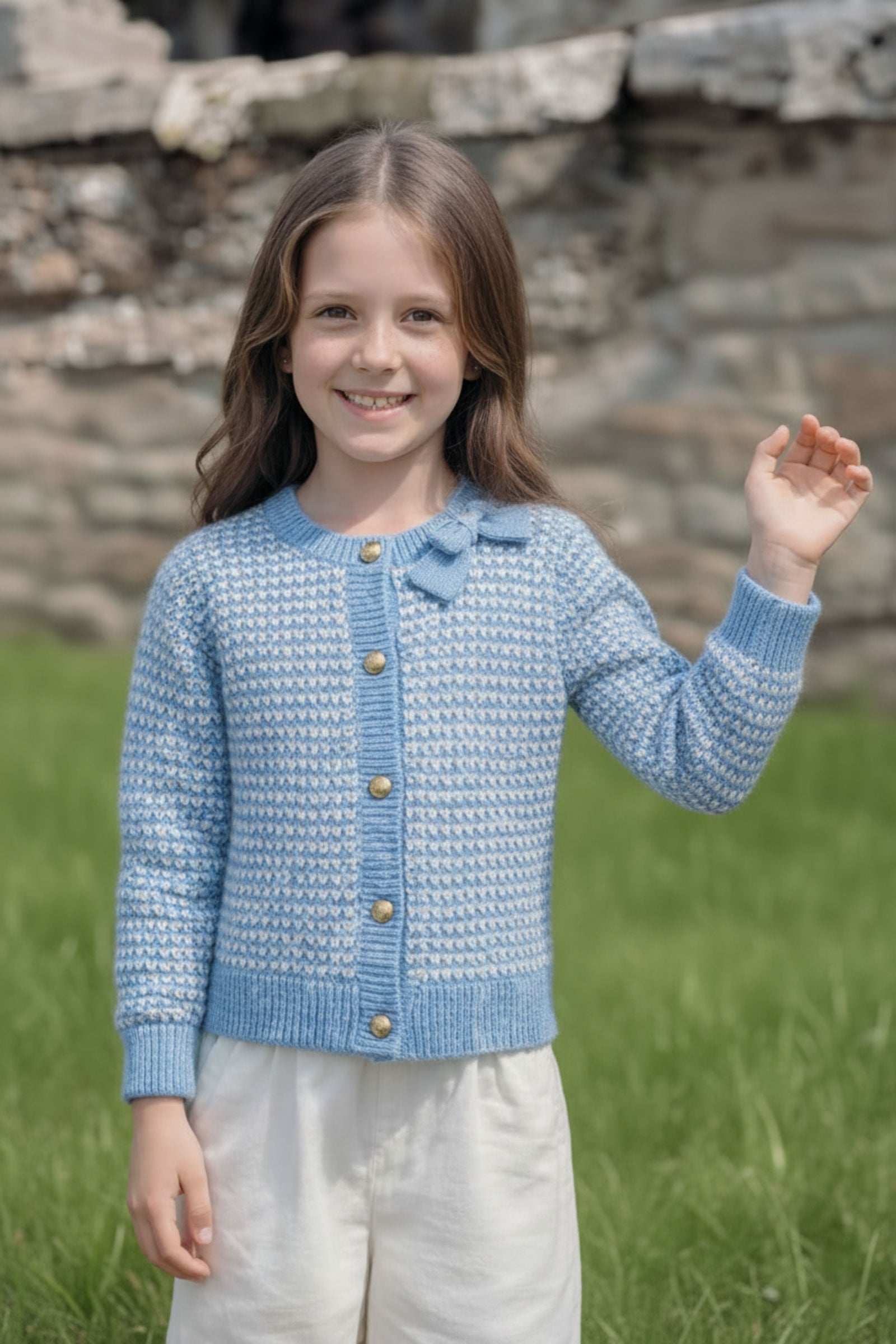 Organic Cotton Tweed Stitch Bow Cardigan, Bluebell Tweed, Toddler & Kids