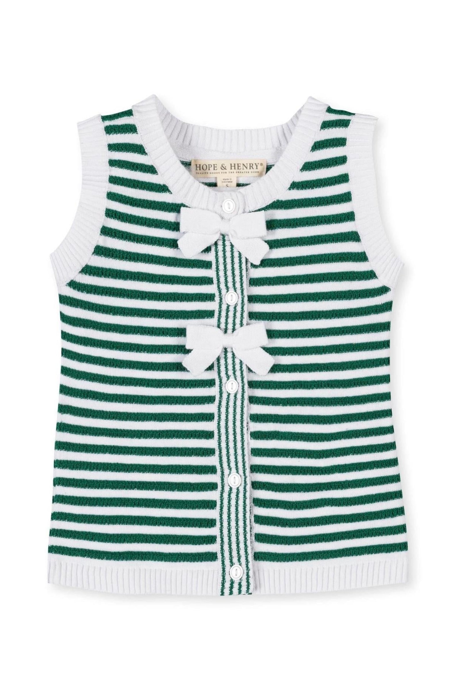 Organic Cotton Button Front Sweater Tank Top with Bows, Green Stripes, Toddler & Kids