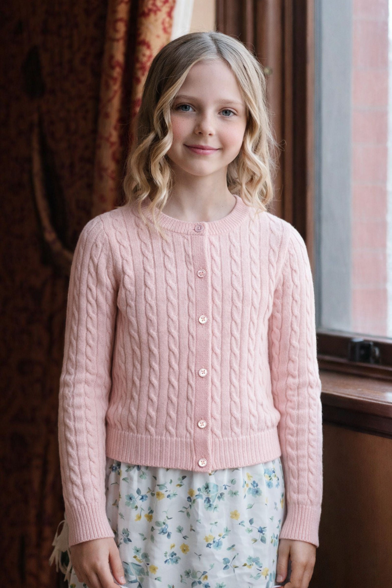 Organic Cotton Classic Cable Knit Cardigan for Girls, Pink, Sizes 2T-10