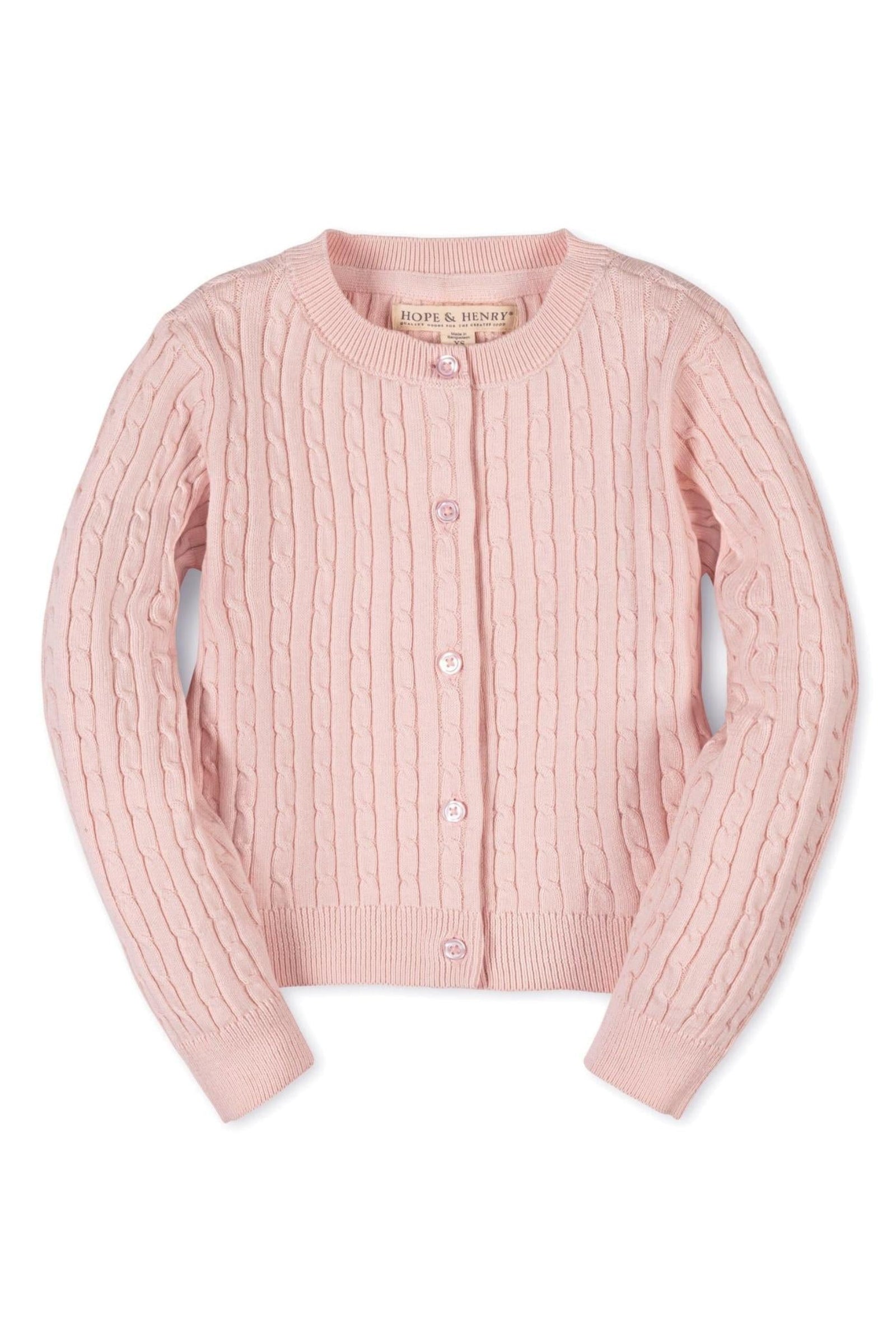 Organic Cotton Classic Cable Knit Cardigan for Girls, Pink, Sizes 2T-10