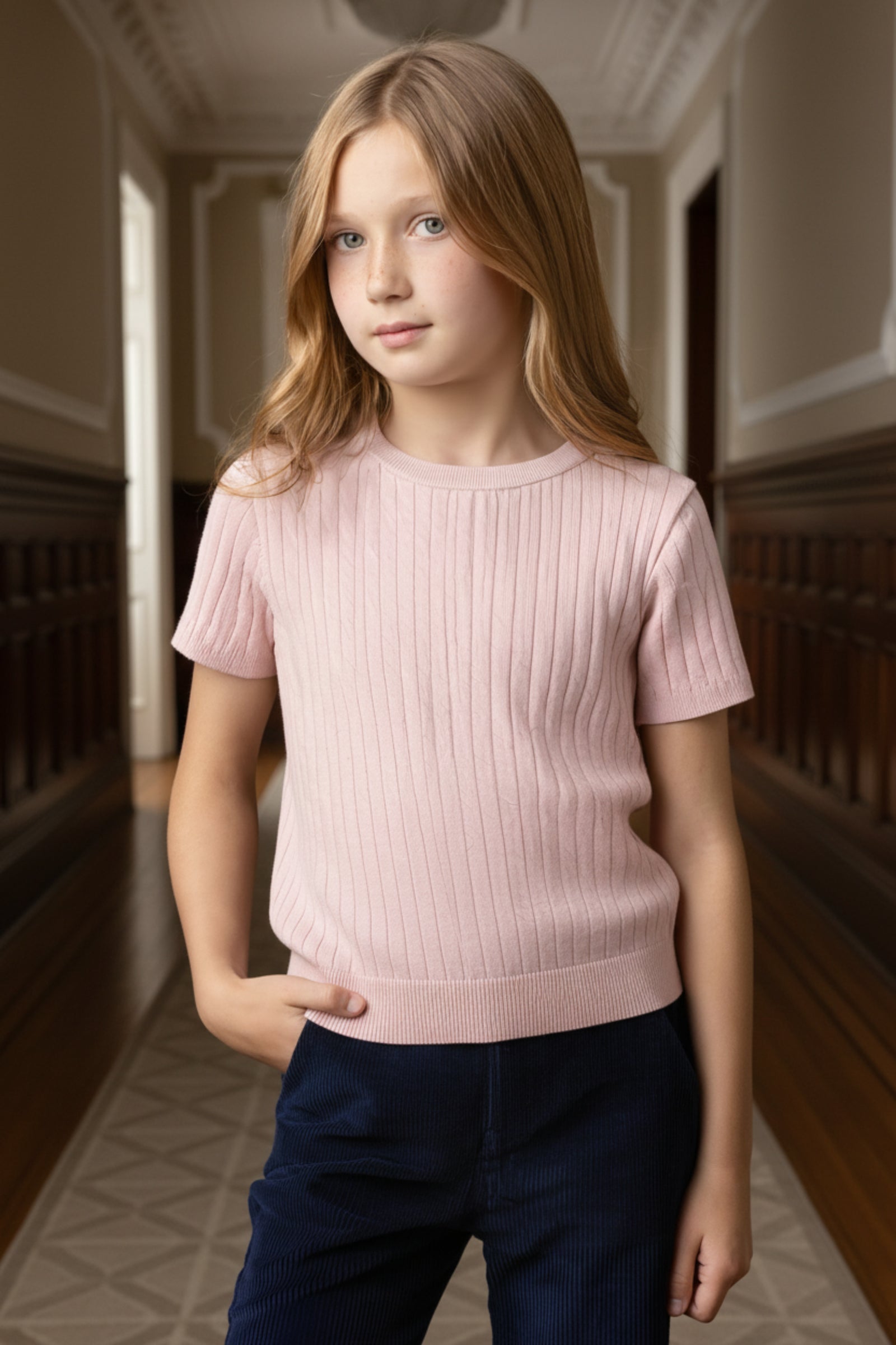 Organic Cotton Short Sleeve Cable Sweater for Girls, Pink, Sizes 2T-12