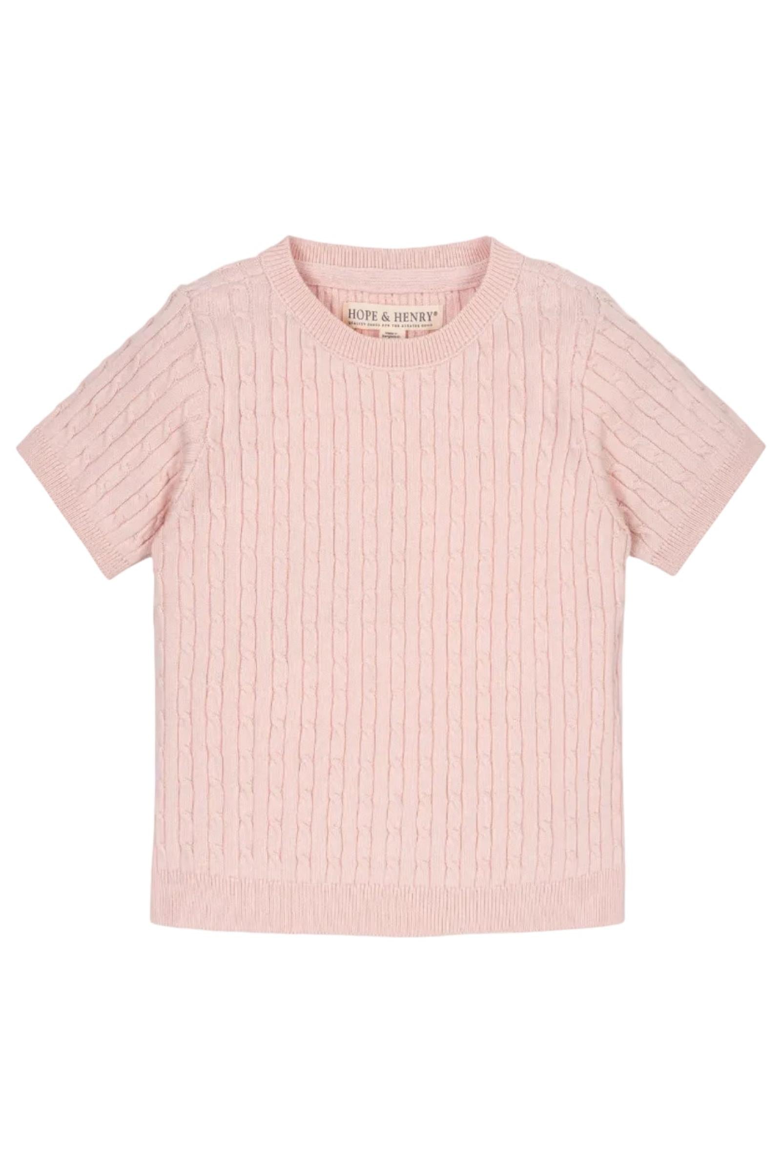 Organic Cotton Short Sleeve Cable Sweater for Girls, Pink, Sizes 2T-12