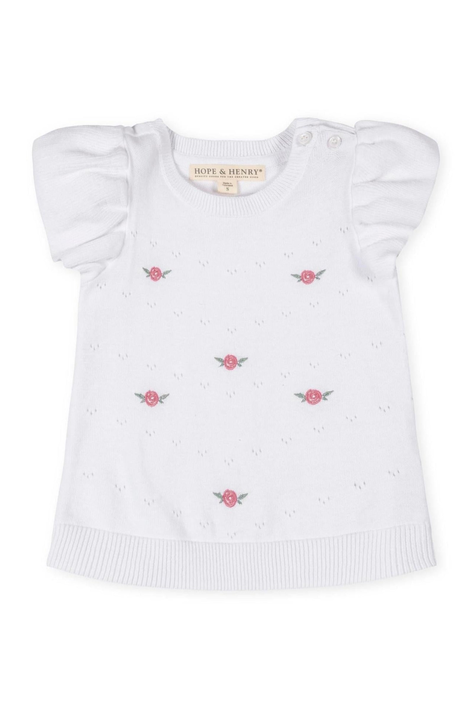 Organic Cotton Ruffle Sleeve Pointelle Sweater for Girls, White, Sizes 2T-12