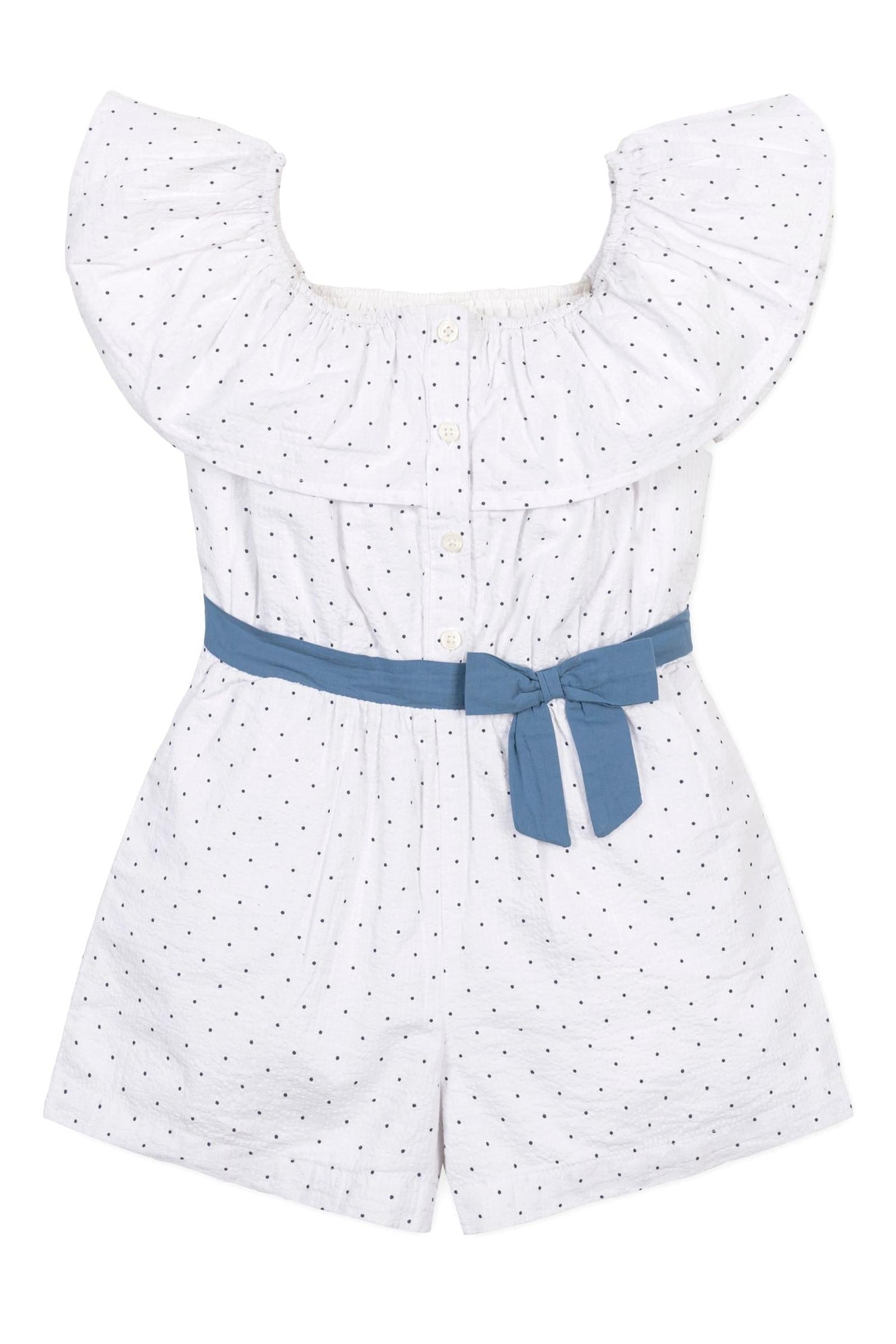 Organic Cotton Seersucker Ruffle Romper, Delft Dot, Toddler & Kids