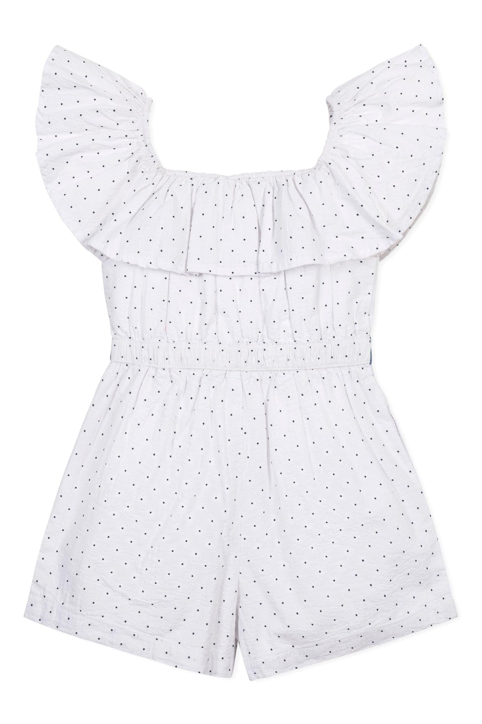 Organic Cotton Seersucker Ruffle Romper, Delft Dot, Toddler & Kids