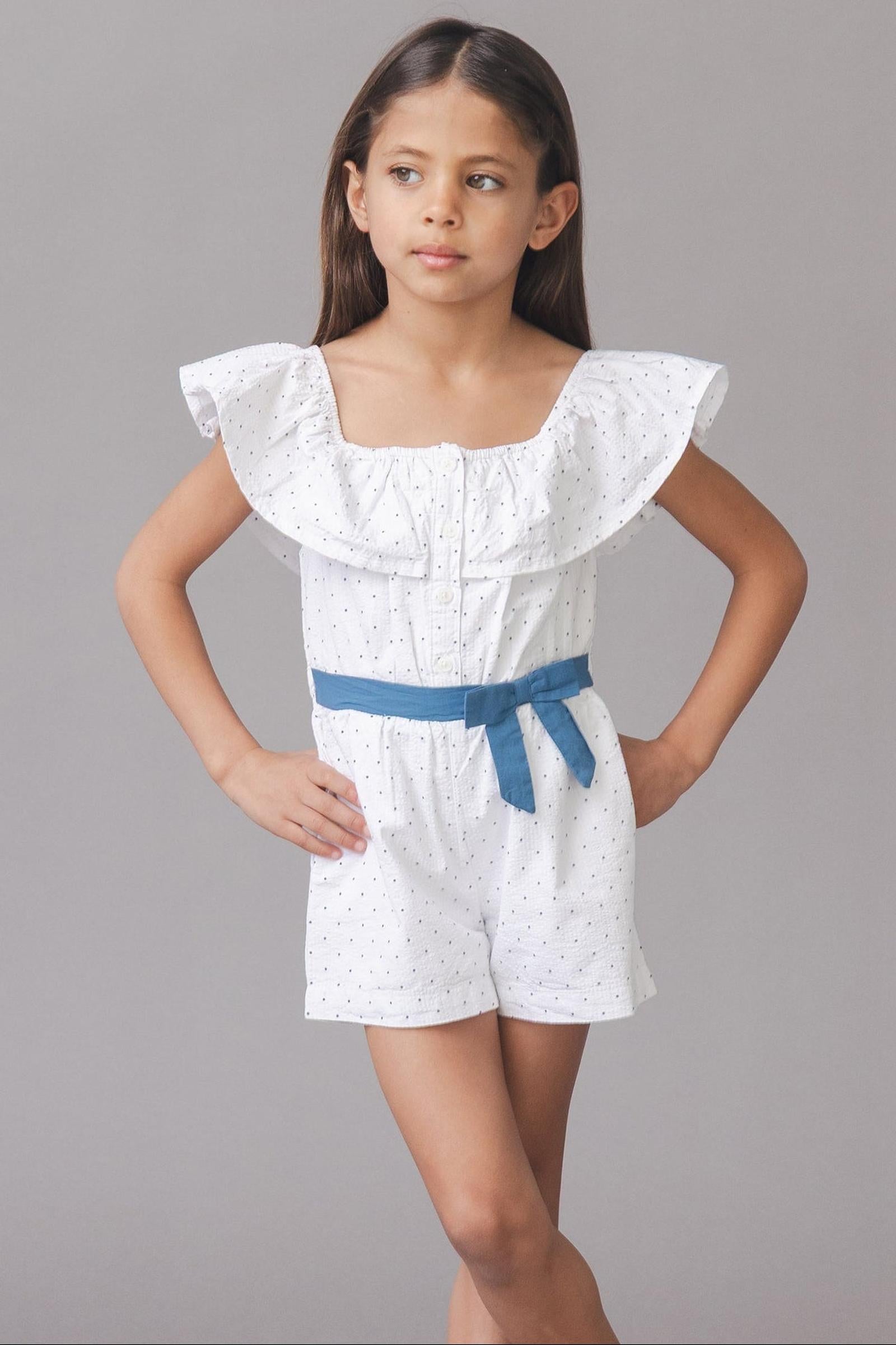 Organic Cotton Seersucker Ruffle Romper, Delft Dot, Toddler & Kids