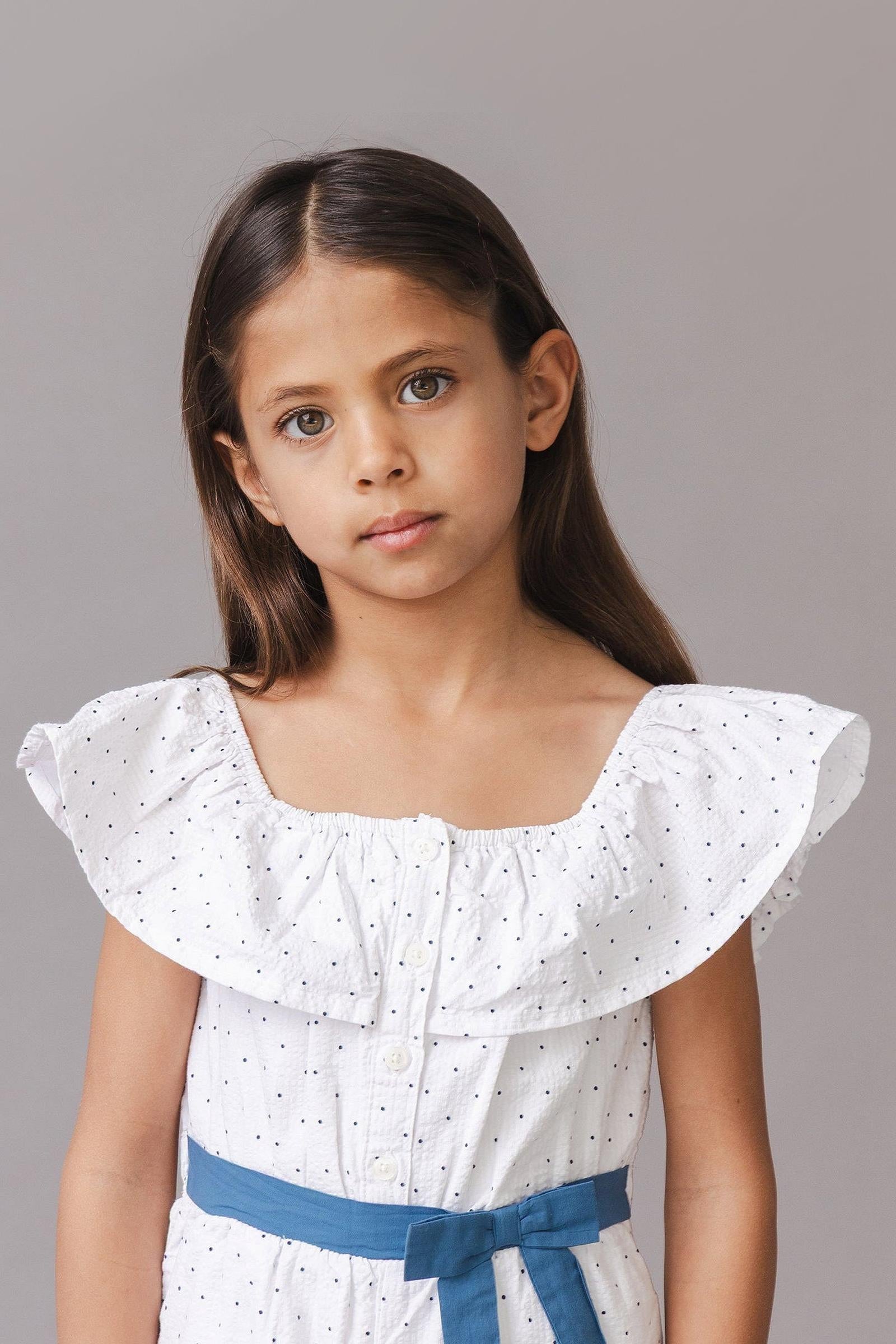 Organic Cotton Seersucker Ruffle Romper, Delft Dot, Toddler & Kids