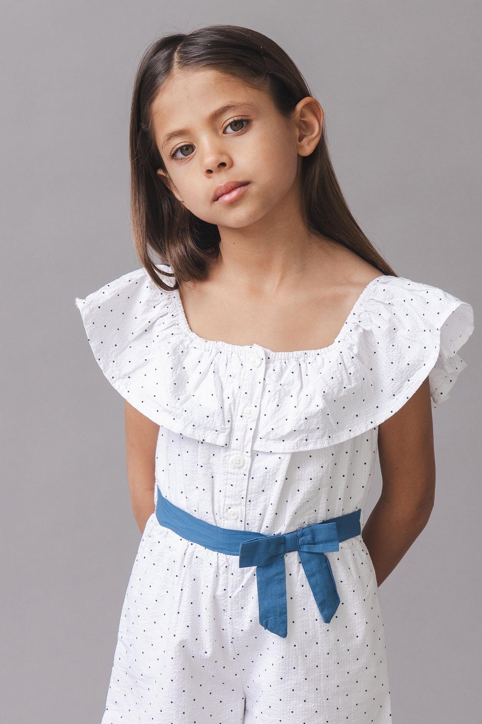 Organic Cotton Seersucker Ruffle Romper, Delft Dot, Toddler & Kids
