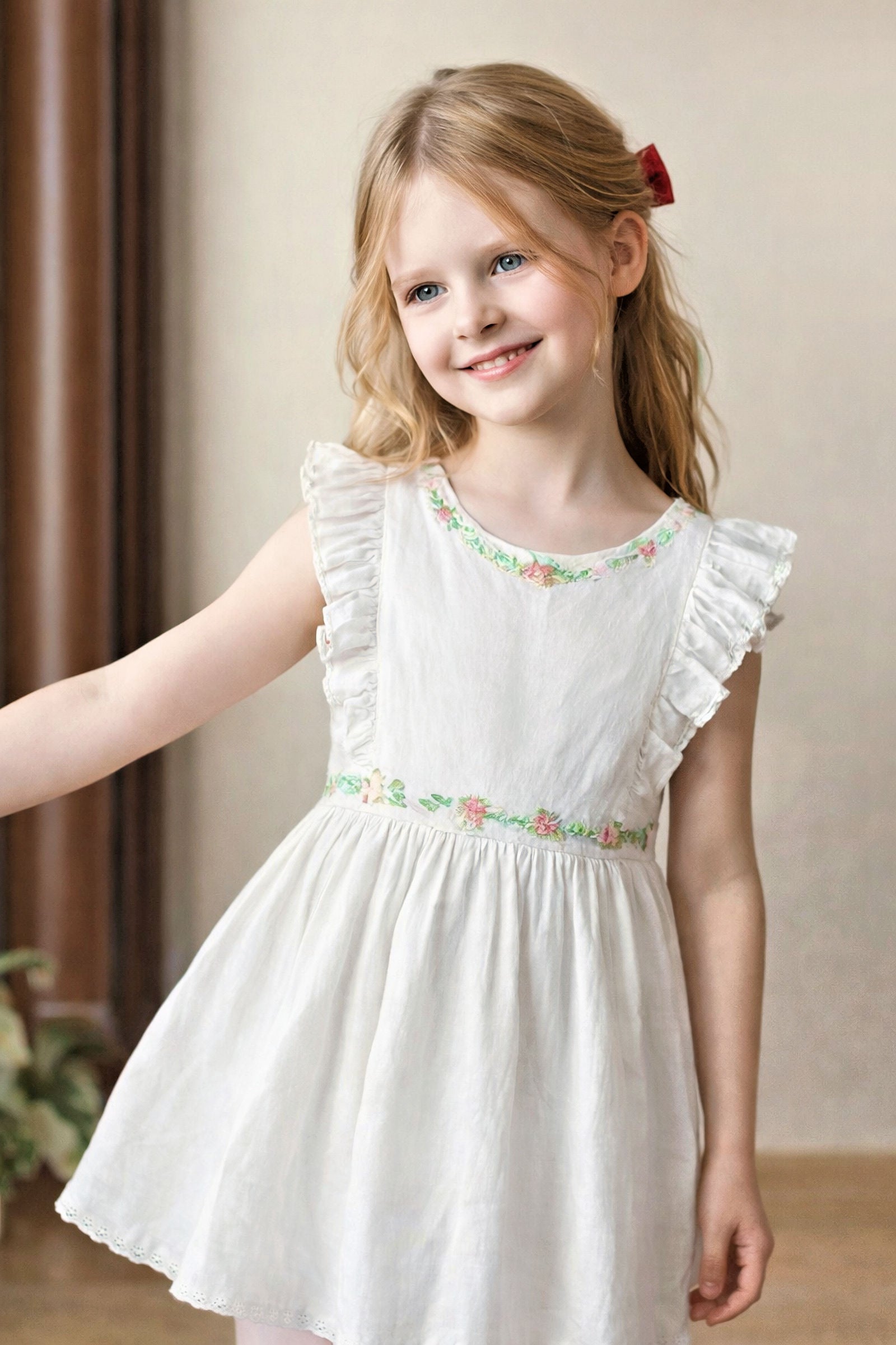 Linen Ruffle Sleeve Floral Jumper Dress, White, Toddler & Kids