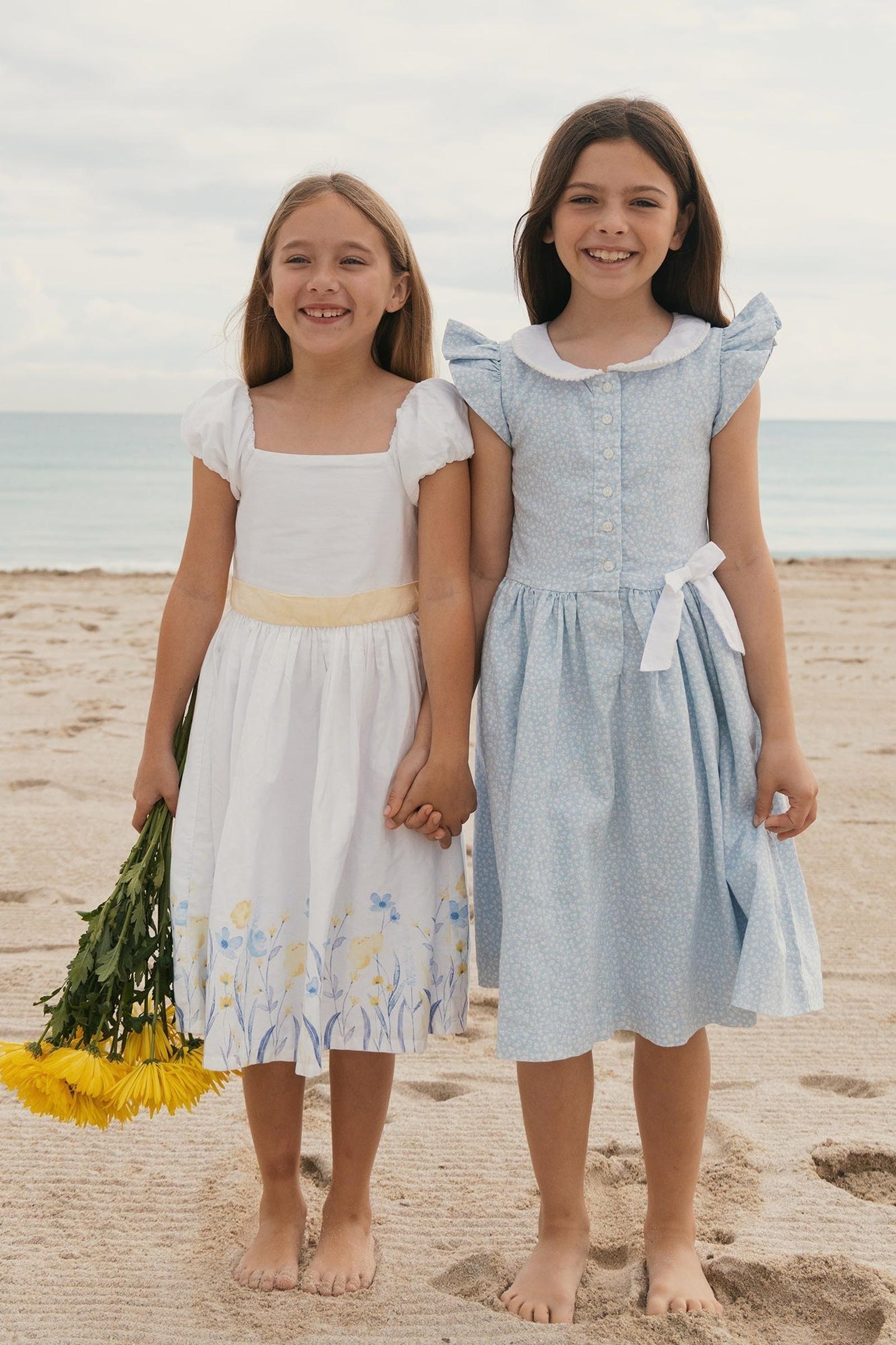 Linen & Organic Cotton Dress with Peter Pan Collar, Blue Chateau Ditsy, Toddler & Kids