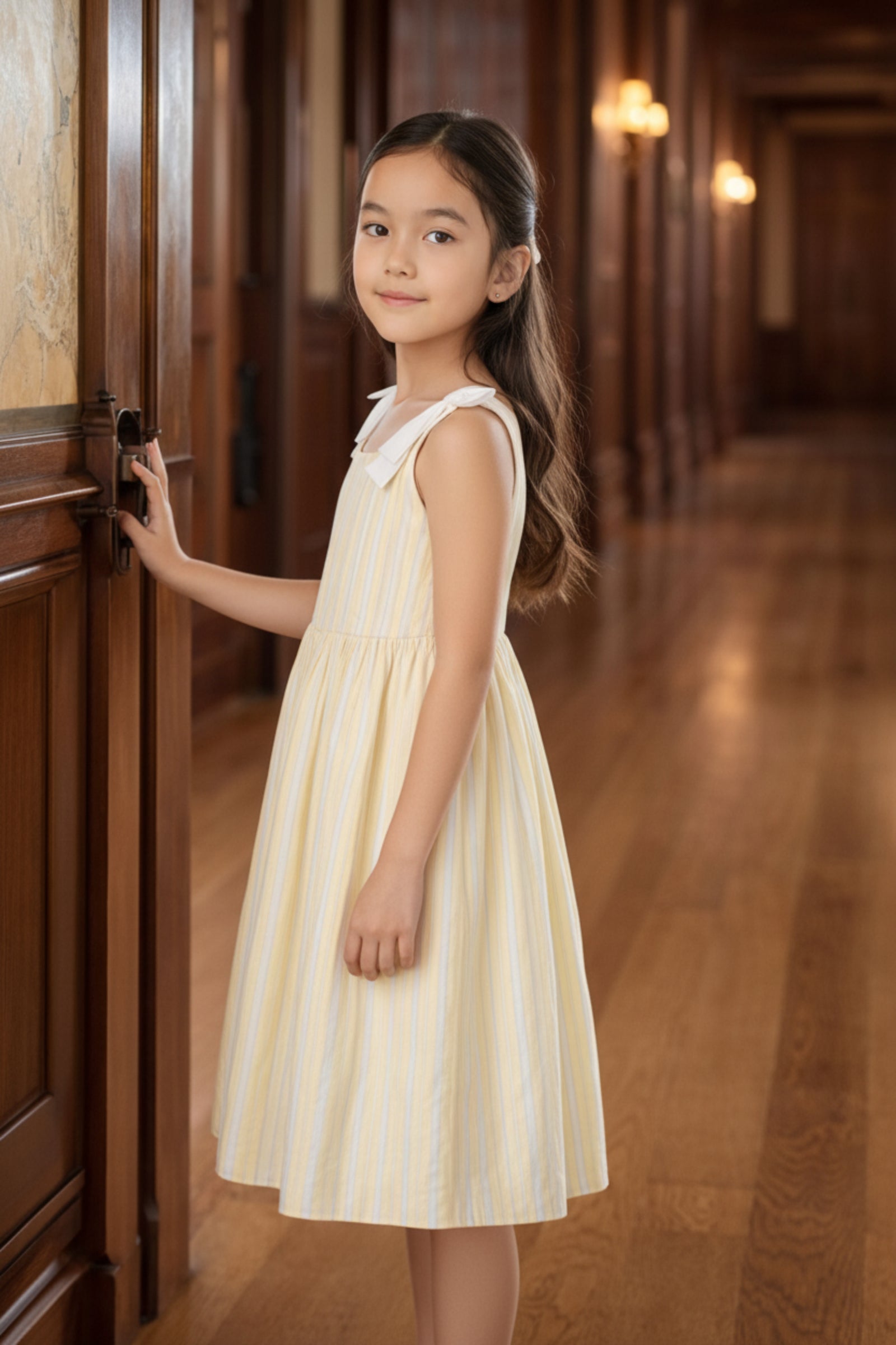 Linen Bow Shoulder Dress, Sunlit Stripe, Size 2T-12