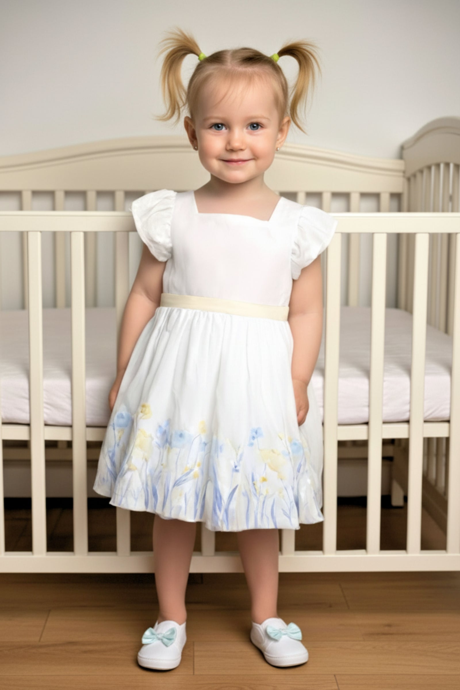 Organic Cotton Puff Sleeve Sateen Dress for Girls, Sunlit Border Floral, Sizes 2T-12