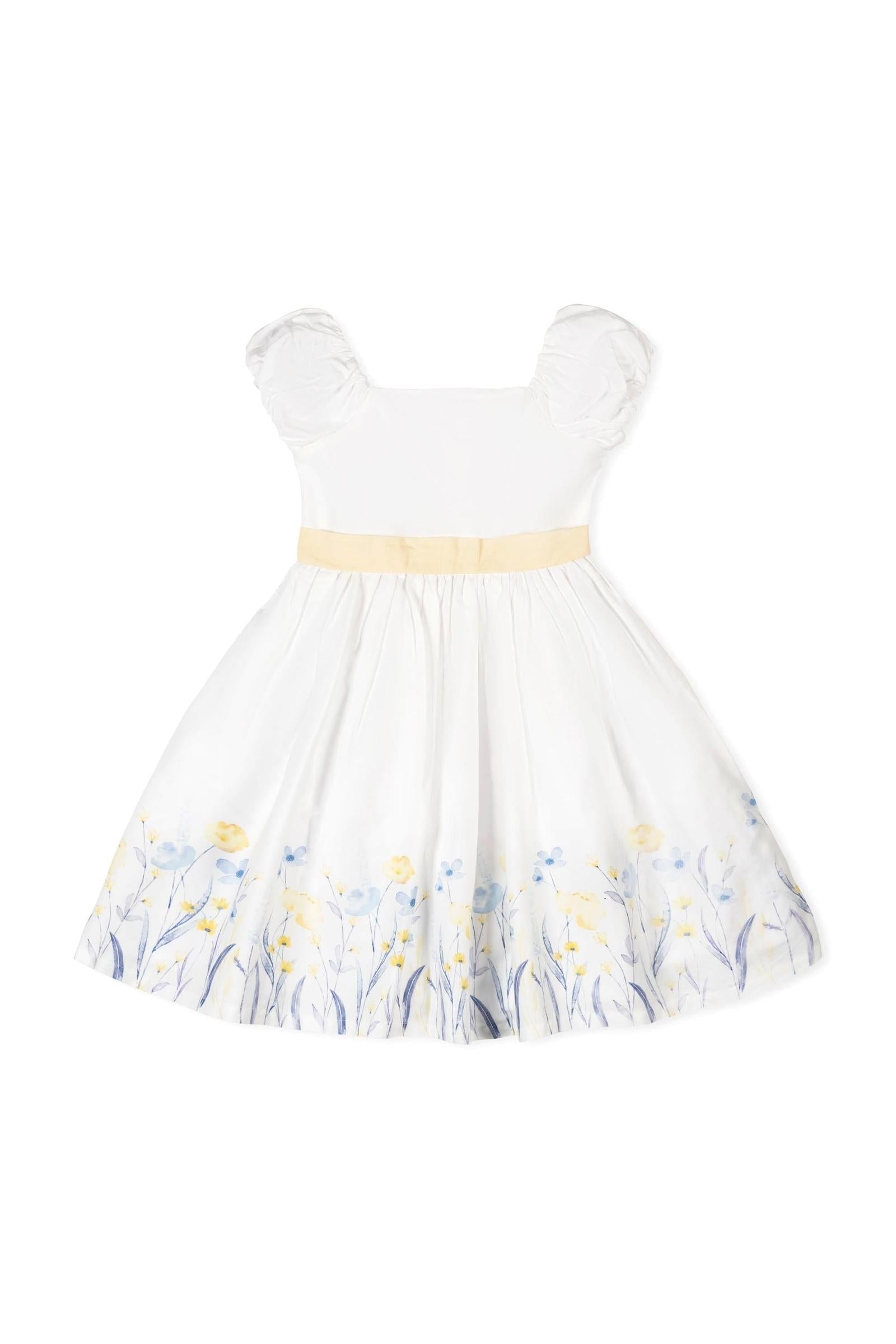 Organic Cotton Puff Sleeve Sateen Dress for Girls, Sunlit Border Floral, Sizes 2T-12