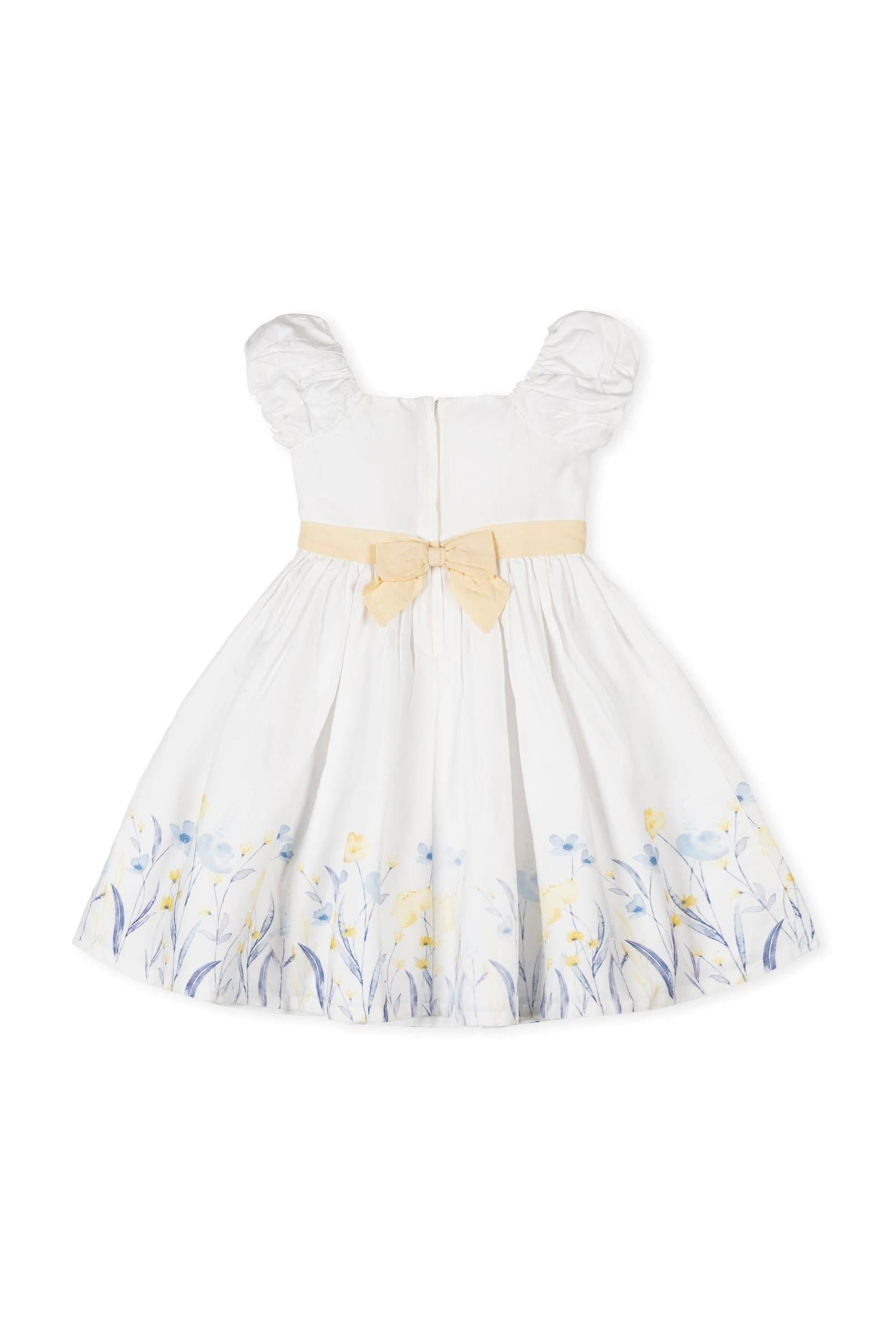 Organic Cotton Puff Sleeve Sateen Dress for Girls, Sunlit Border Floral, Sizes 2T-12