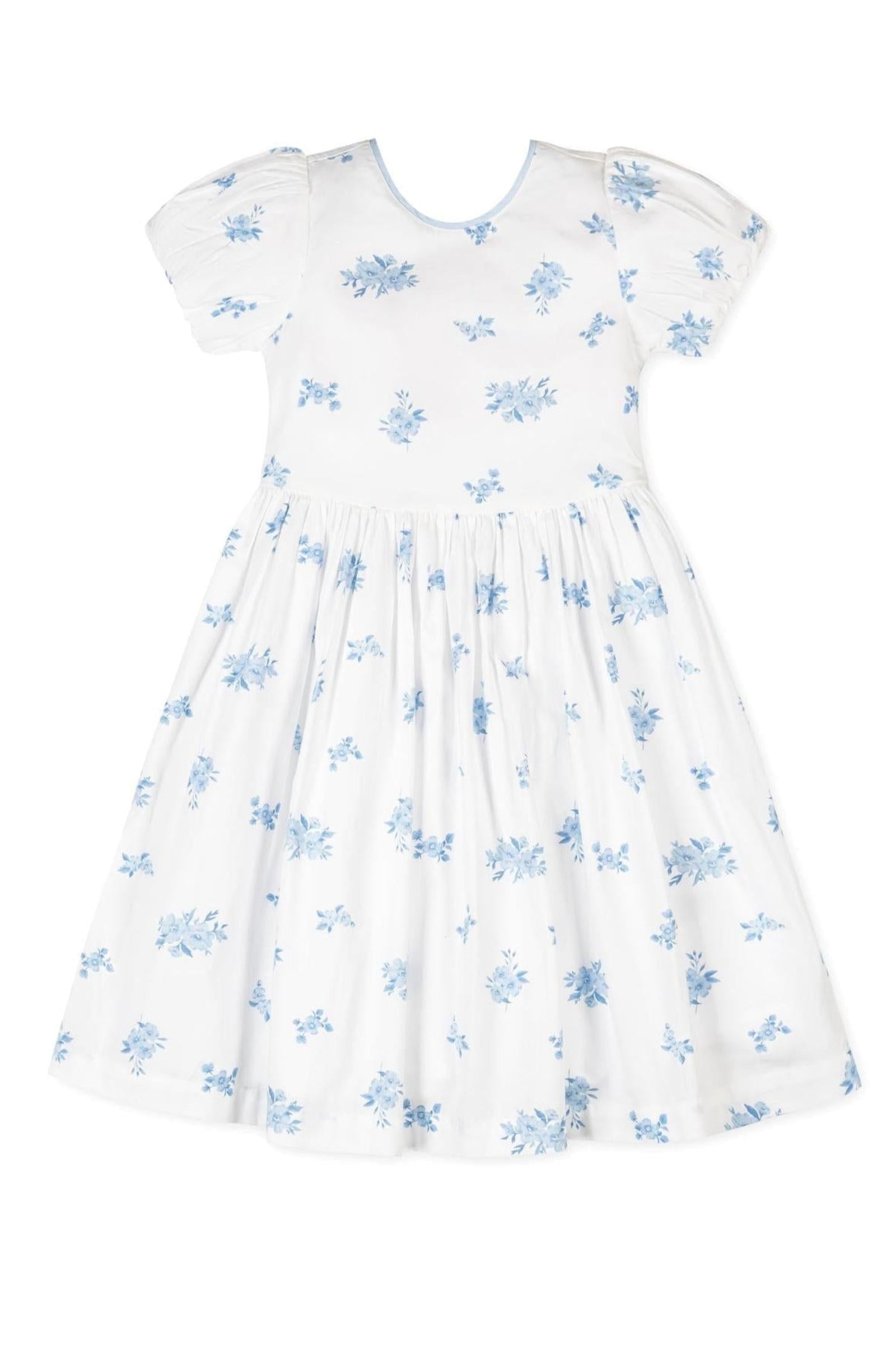 Organic Cotton Puff Sleeve Sateen Dress for Girls, Delft Floral, Sizes 2T-12