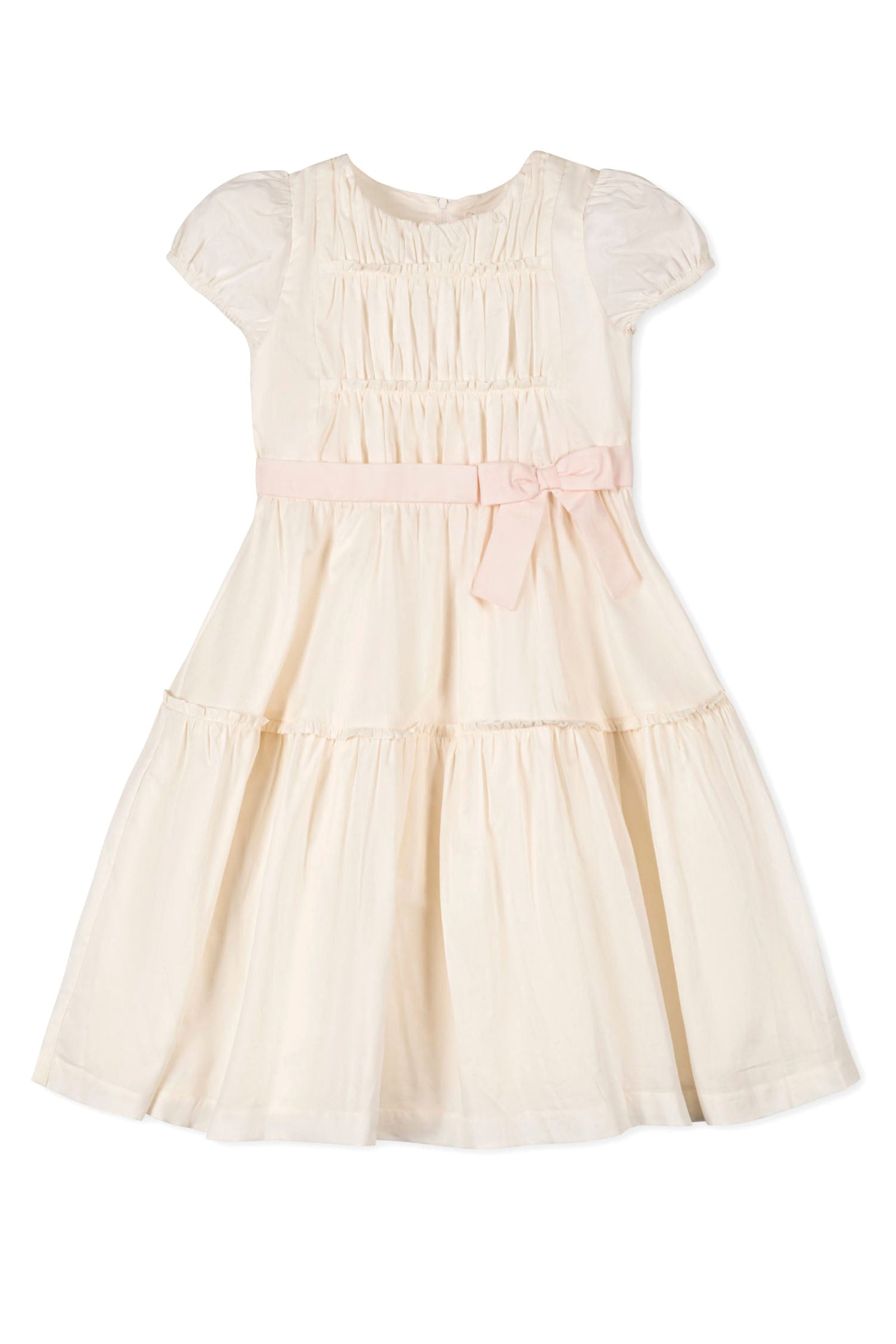 Organic Cotton Puff Sleeve Tiered Party Dress for Girls, Natural with Pink, Sizes 2T-12