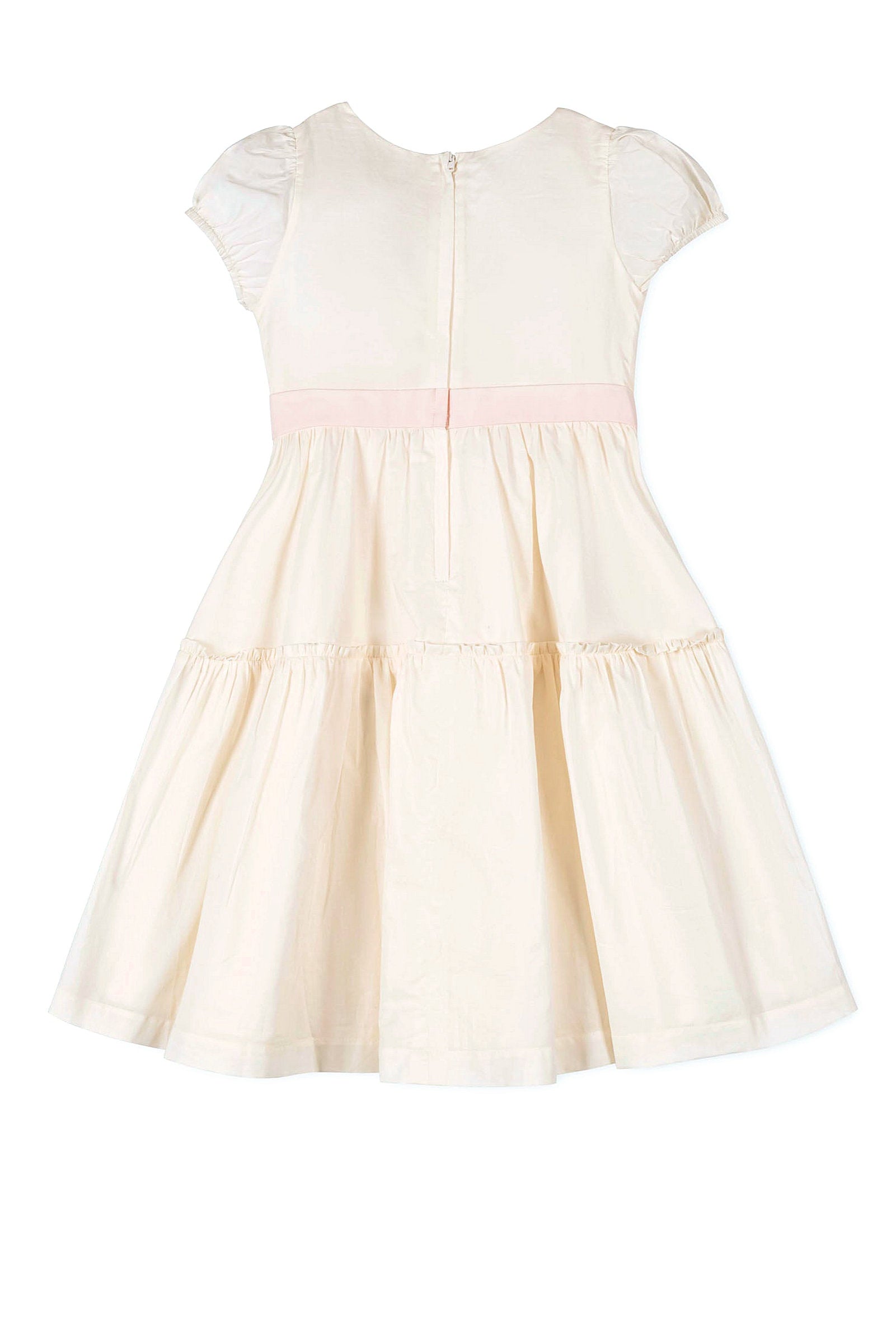 Organic Cotton Puff Sleeve Tiered Party Dress for Girls, Natural with Pink, Sizes 2T-12