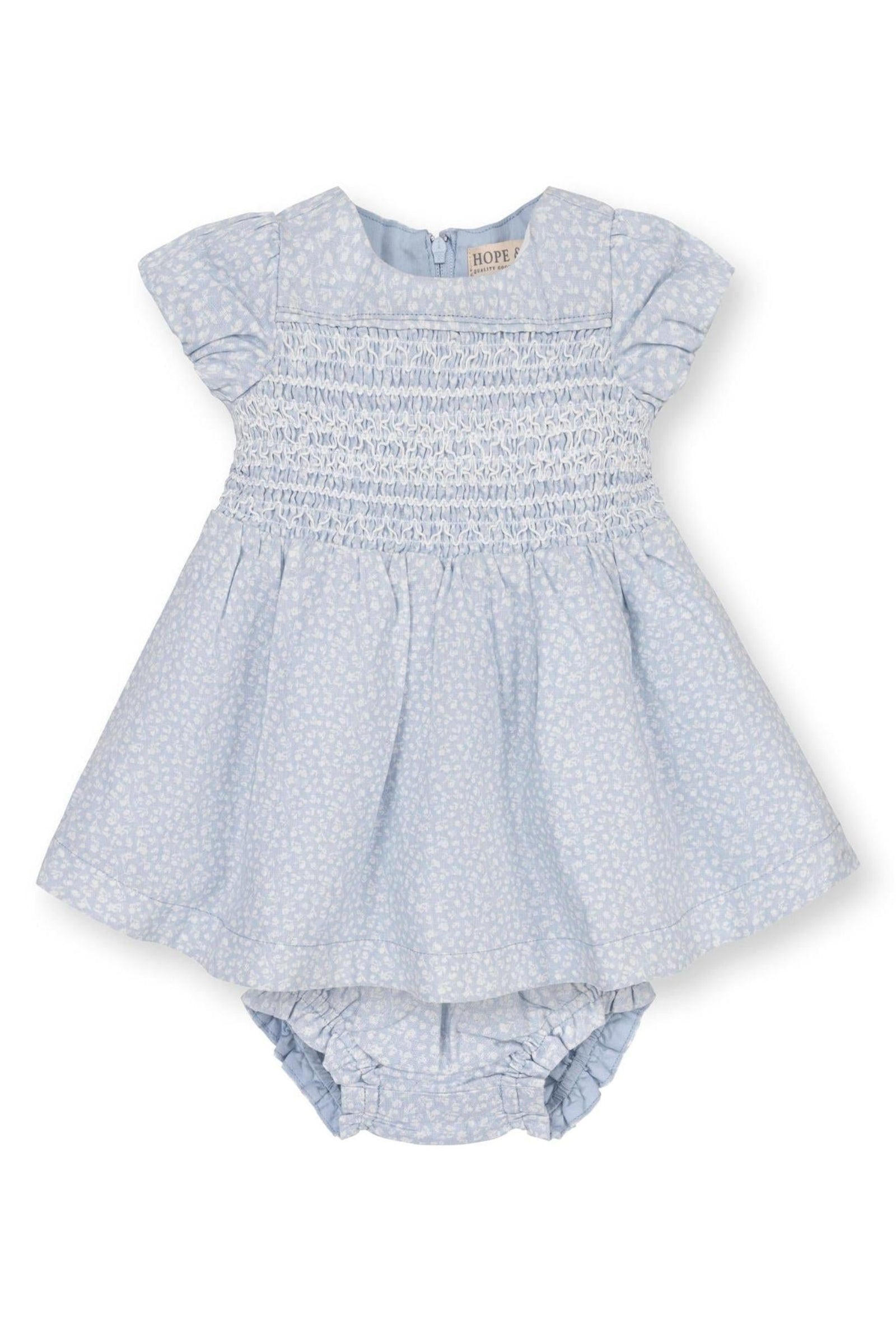Linen Smocked Puff Sleeve Dress for Baby Girls, Blue Chateau Ditsy