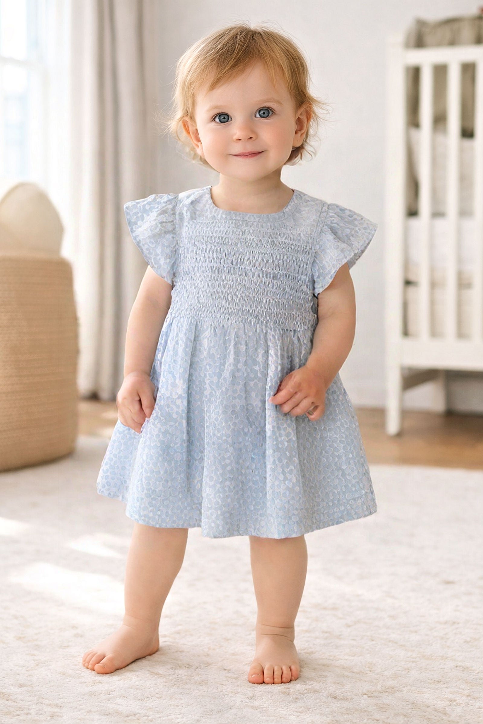 Linen Smocked Puff Sleeve Dress for Baby Girls, Blue Chateau Ditsy