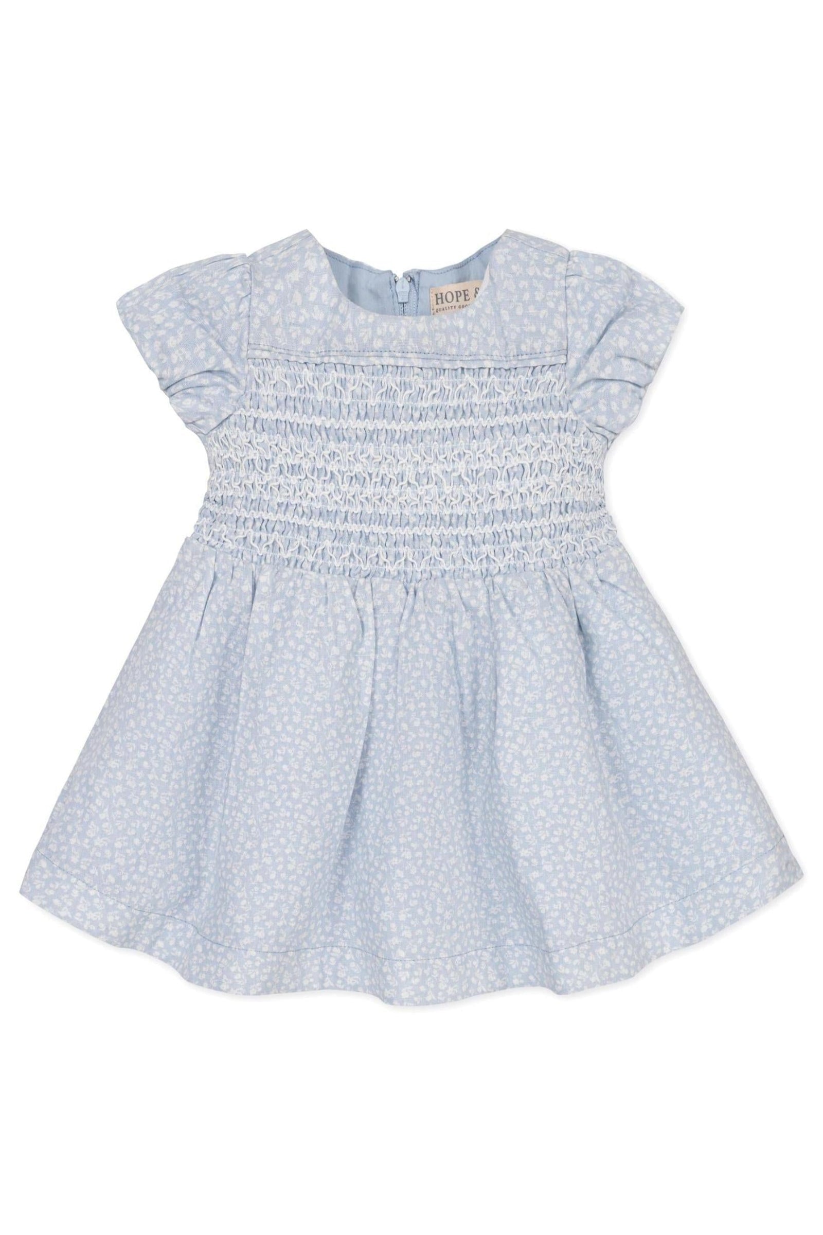 Linen Smocked Puff Sleeve Dress for Baby Girls, Blue Chateau Ditsy