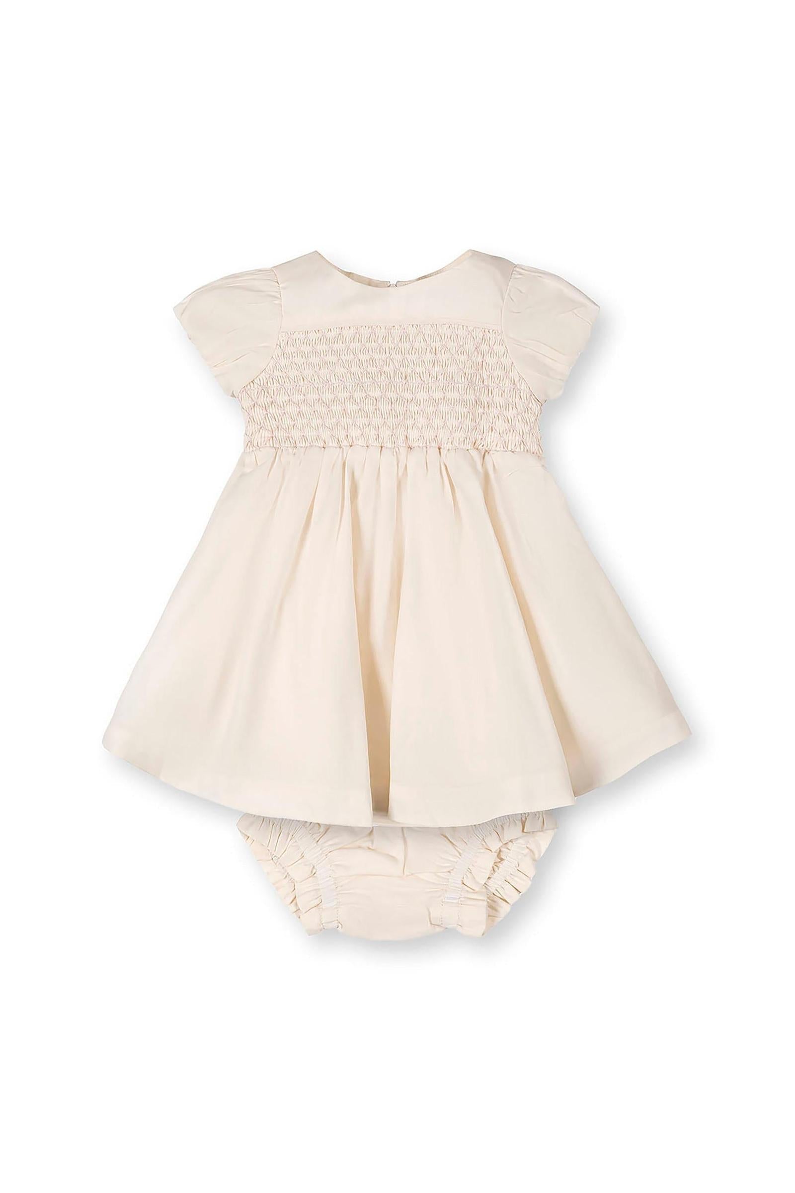 Organic Cotton Smocked Puff Sleeve Baby Dress, Beige, Sizes 0-24M