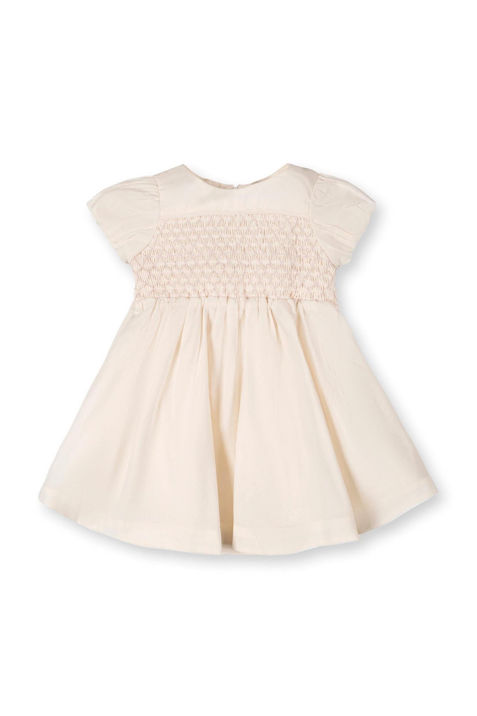Organic Cotton Smocked Puff Sleeve Baby Dress, Beige, Sizes 0-24M