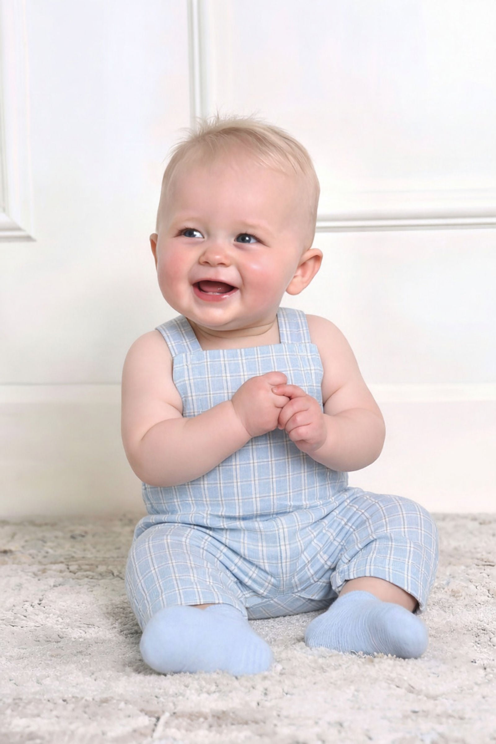 Organic Cotton Seersucker Overall Romper for Boys, Blue, Baby