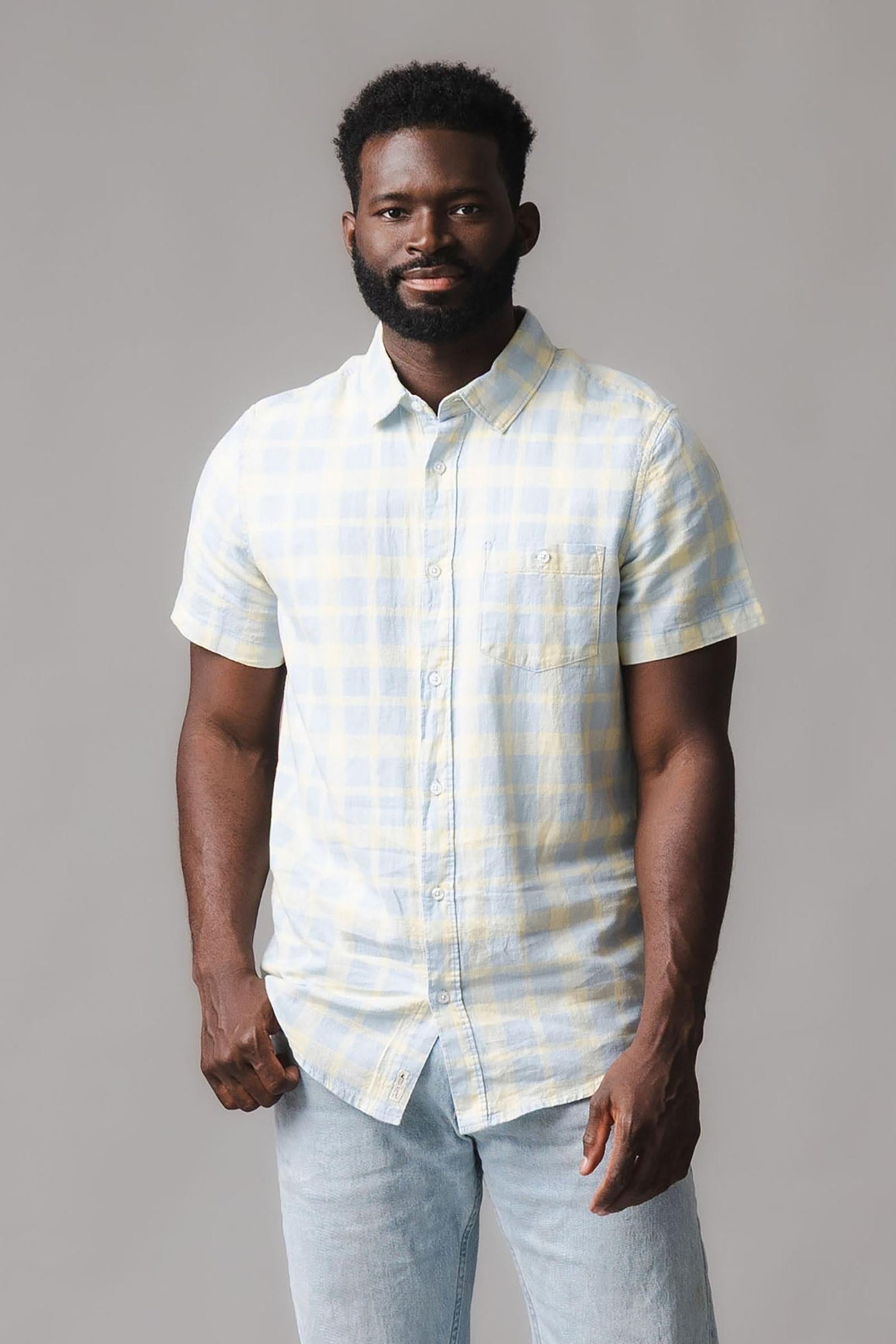 Linen & Organic Cotton Short Sleeve Button Down Shirt, Sunlit Plaid, Men, Family Matching Outfits