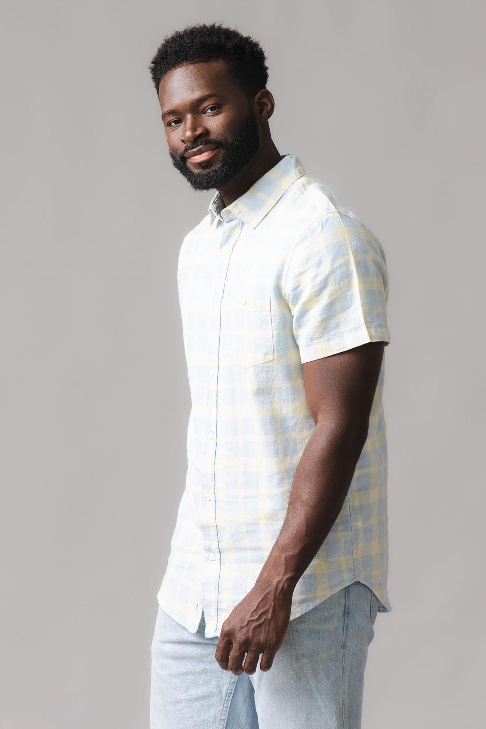 Linen & Organic Cotton Short Sleeve Button Down Shirt, Sunlit Plaid, Men, Family Matching Outfits