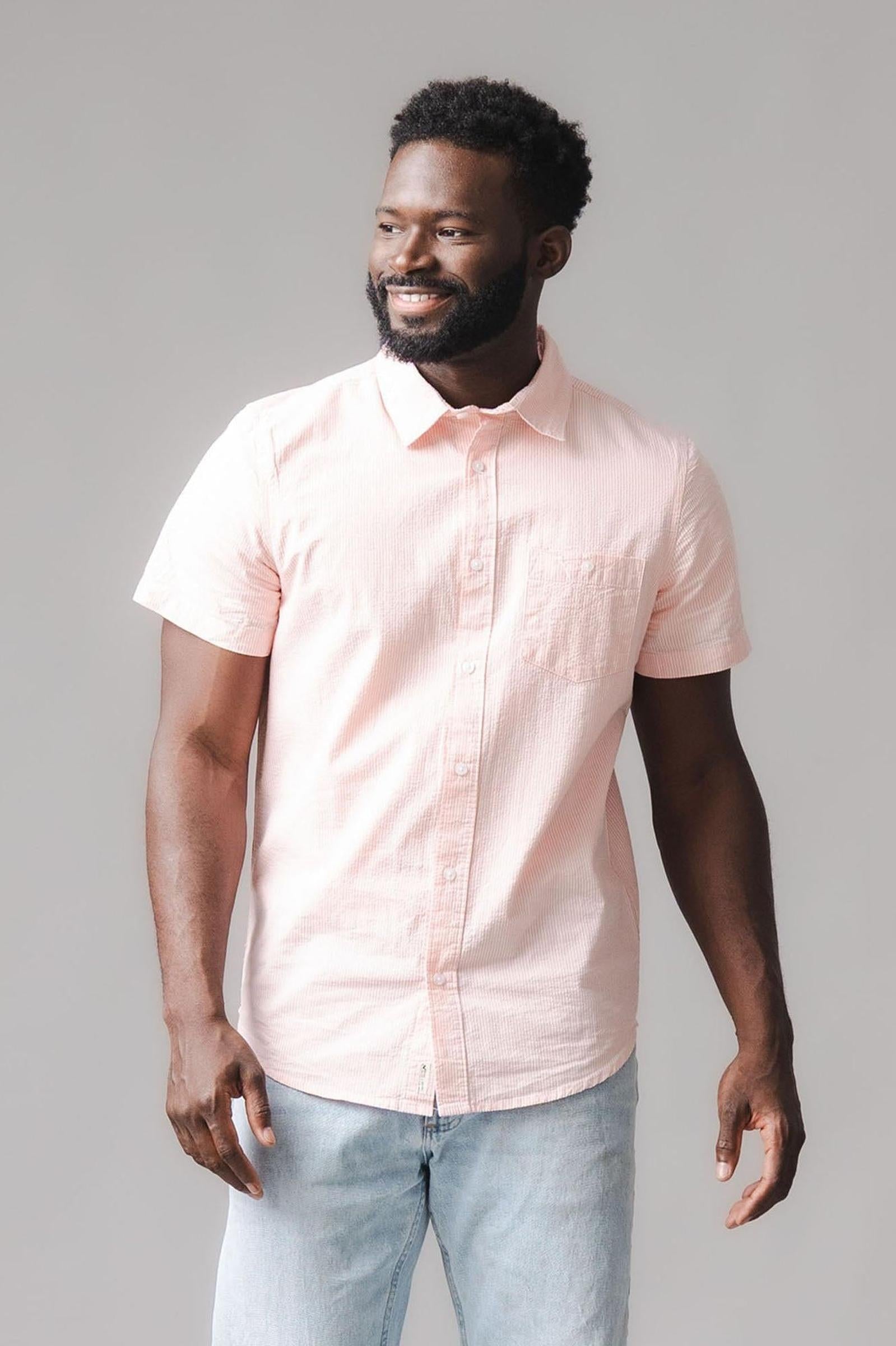 Organic Cotton Short Sleeve Rose Seersucker Shirt, Men, Family Matching Outfits