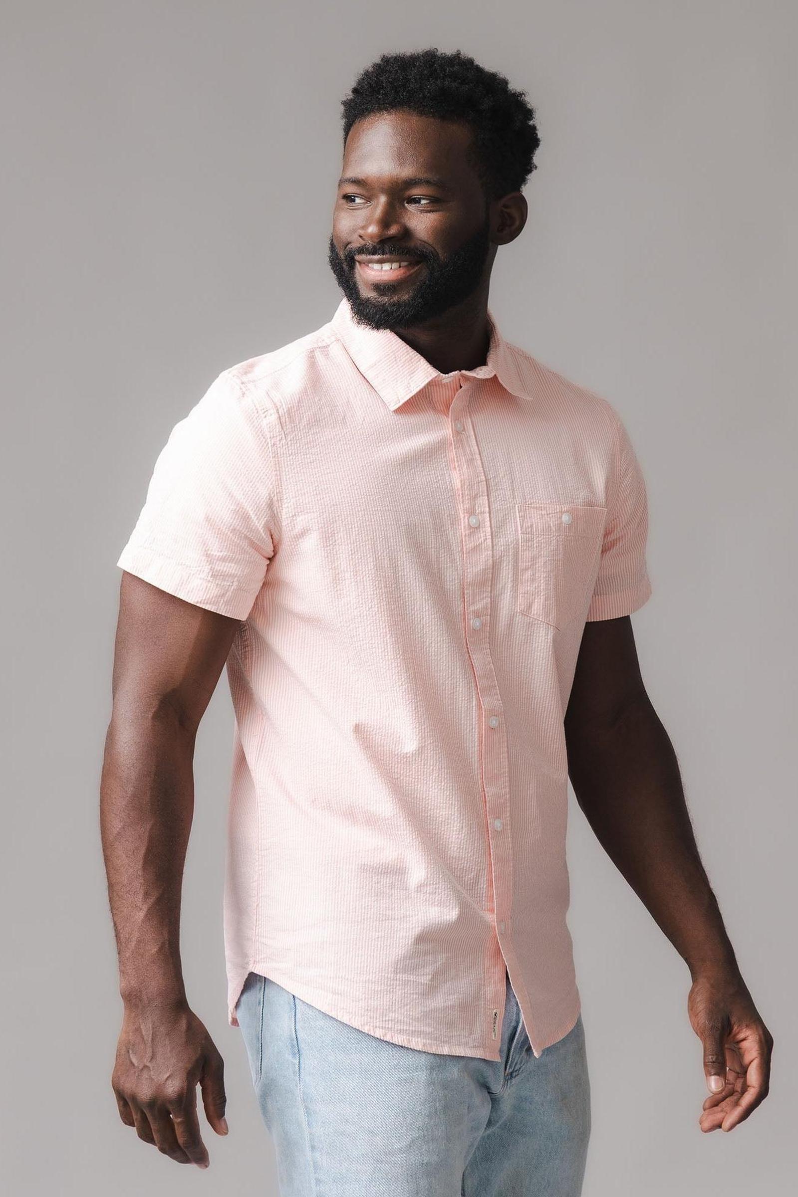 Organic Cotton Short Sleeve Rose Seersucker Shirt, Men, Family Matching Outfits