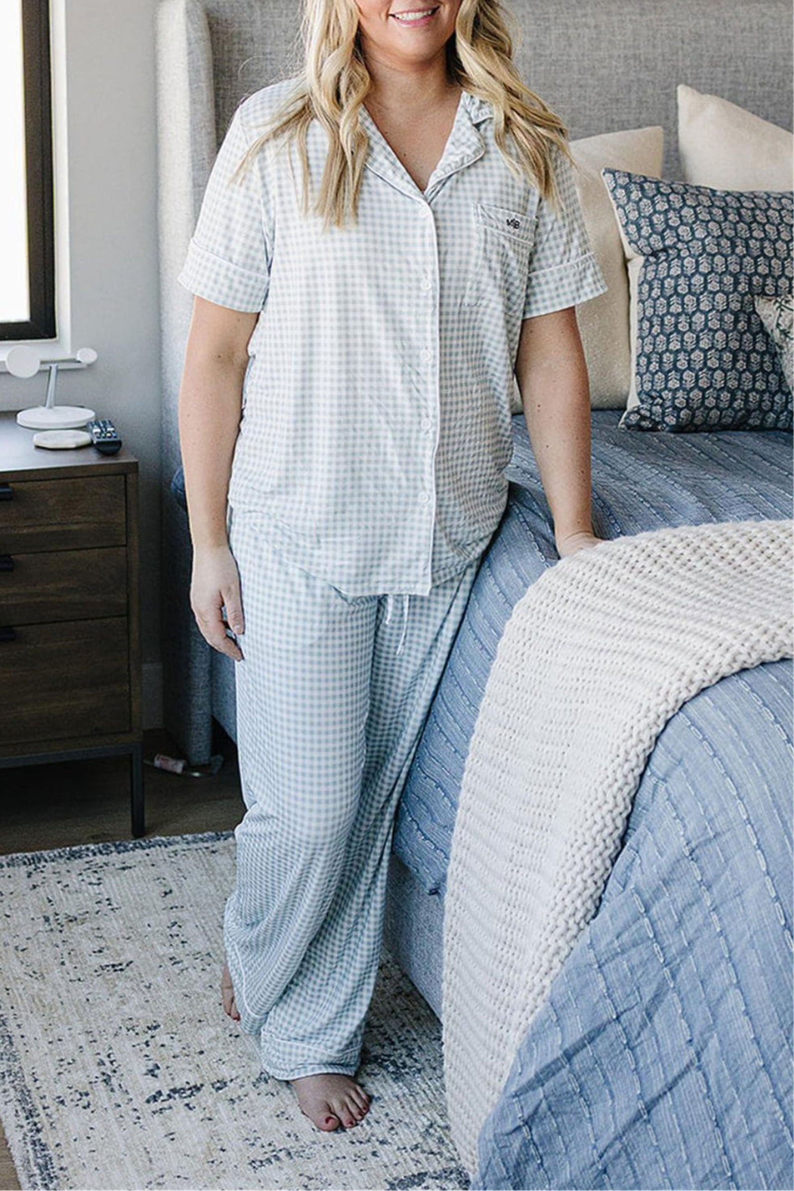 Women's Light Blue Gingham Pajama Set, Bamboo