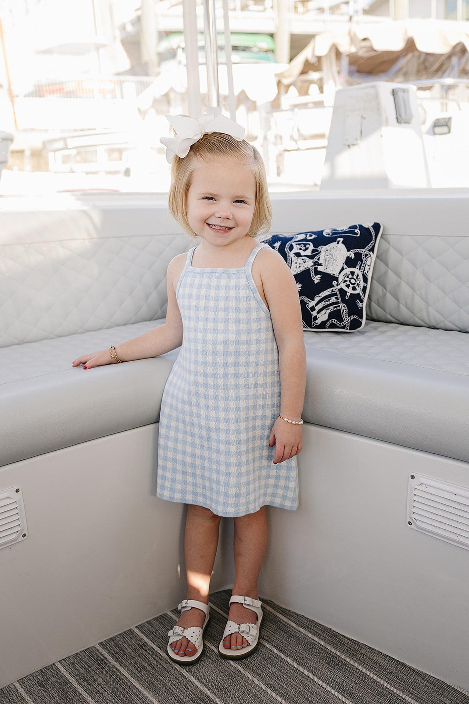 Cotton Blue Knit Gingham Dress, Baby - Kids