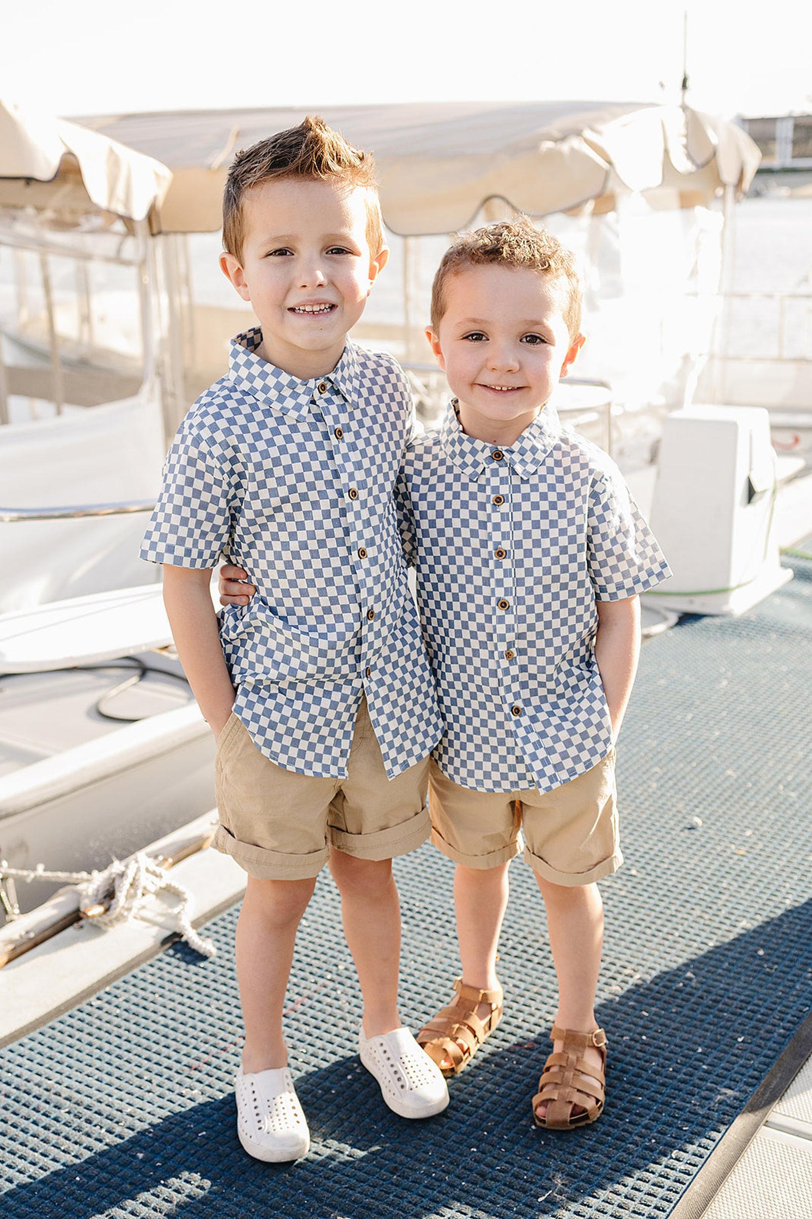 Boys Blue Checkered Linen Button Up Shirt, Baby - Kids