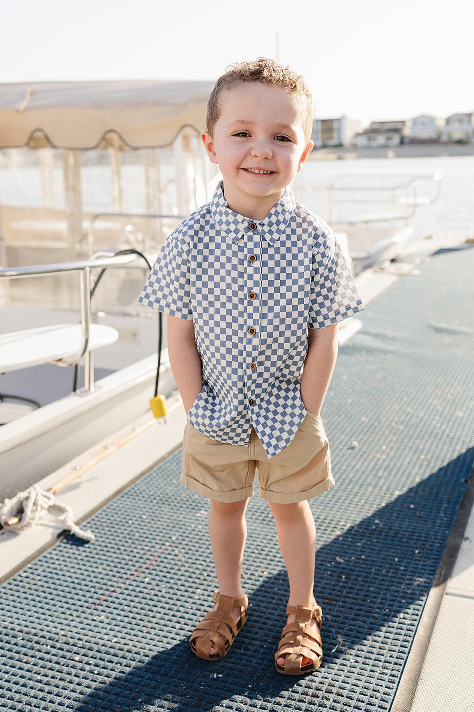 Boys Blue Checkered Linen Button Up Shirt, Baby - Kids