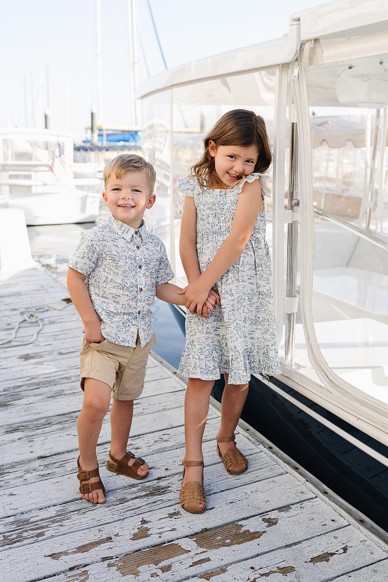 Boys Santorini Linen Button Up Shirt, Light Blue & White
