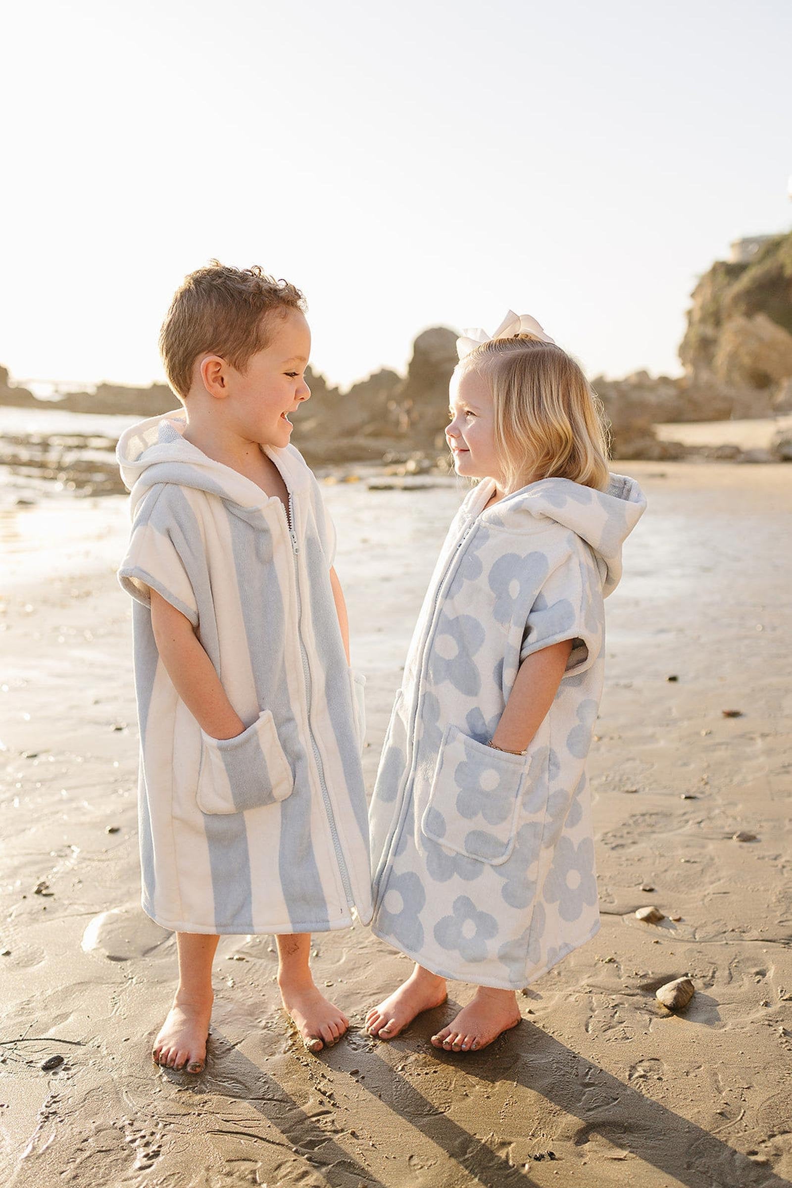 Seaside Stripe Zip-Up Organic Cotton Beach Poncho, Light Blue & White