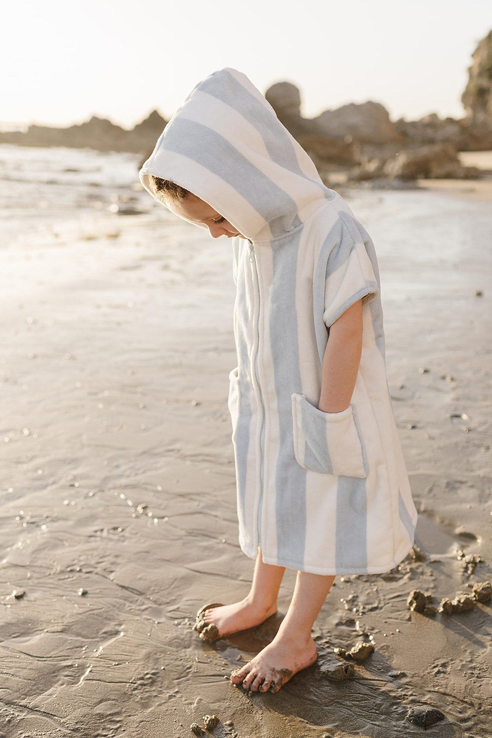 Seaside Stripe Zip-Up Organic Cotton Beach Poncho, Light Blue & White