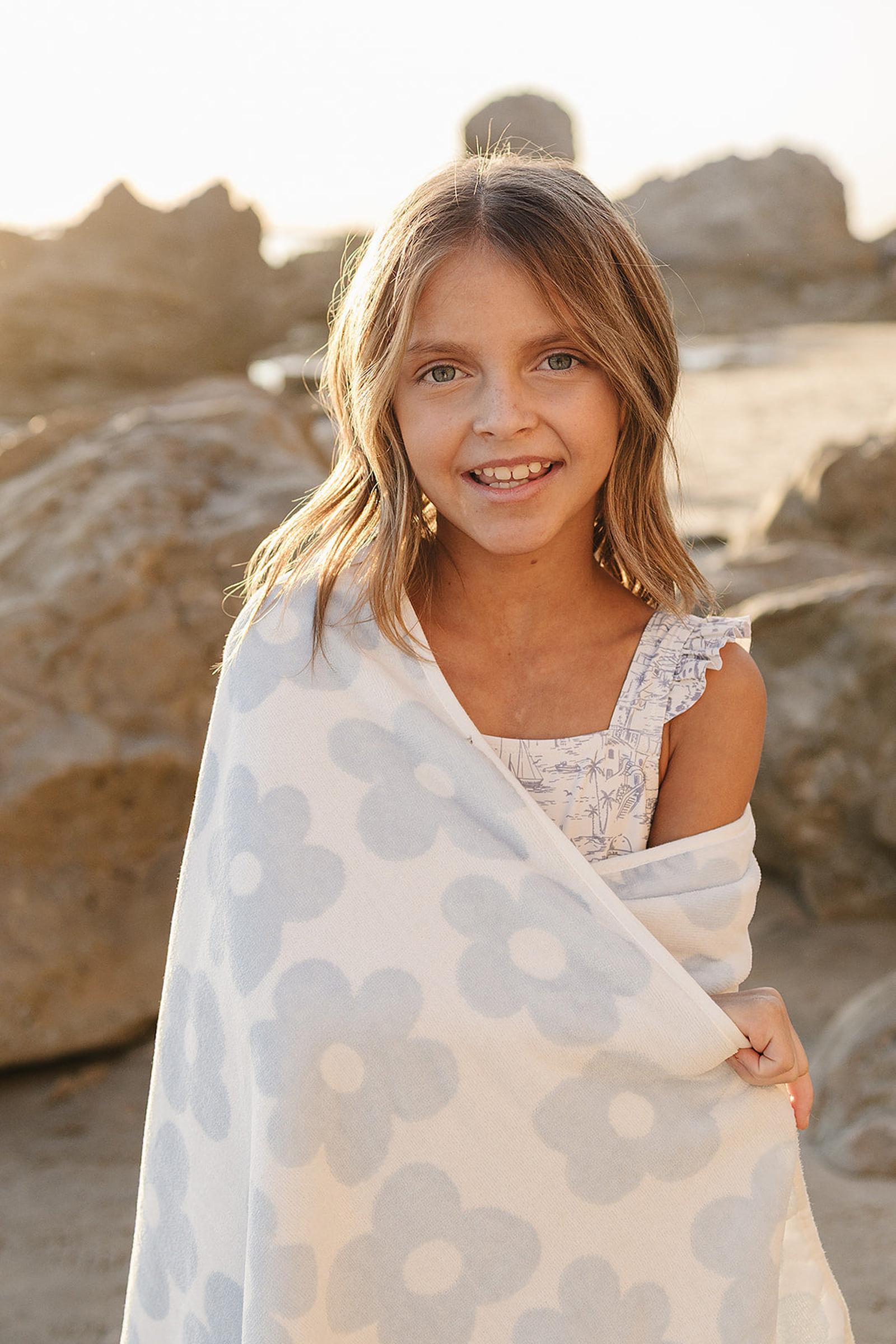 Coastal Floral Organic Cotton Beach Towel, Light Blue & White