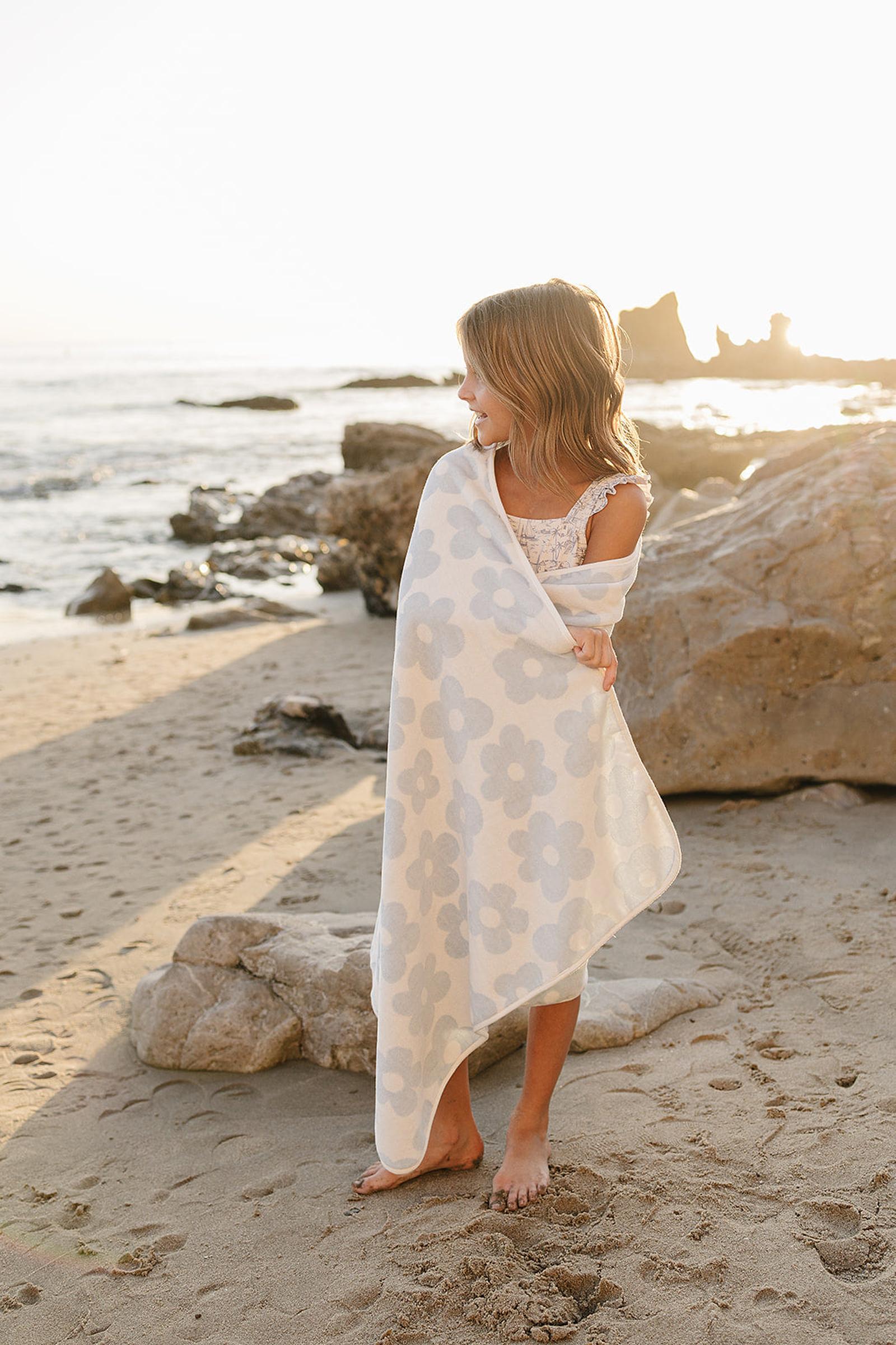 Coastal Floral Organic Cotton Beach Towel, Light Blue & White